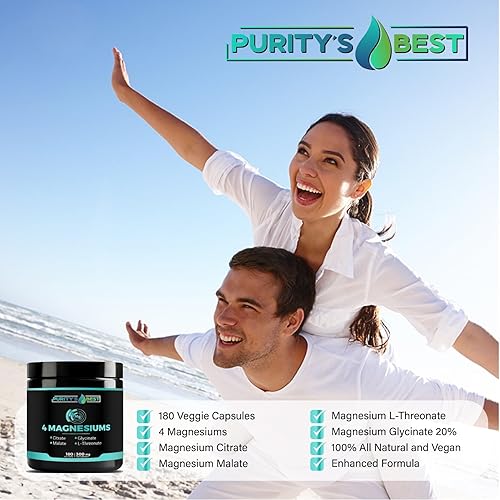 Miniatura 4 de Purity's Best 4 MAGNESIOMS, glicinato de magnesio premium, malato, L-treonato, citrato, 300 mg, 180 cápsulas vegetales, probado por terceros,