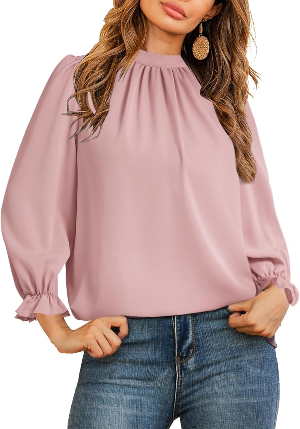 LYANER Women's Mock Neck Ruffle Trim Puff Long Sleeve Blouse Casual Office Shirt Top