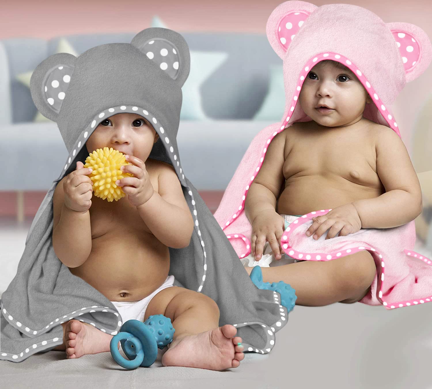 ZEYUMEE - Juego de 2 toallas de bebé con capucha de viscosa de bambú, color rosa y gris, lujosas, grandes y superabsorbentes, 76 x 76 cm, suaves y adecuadas para bebés, niños pequeños y niños, 400 g