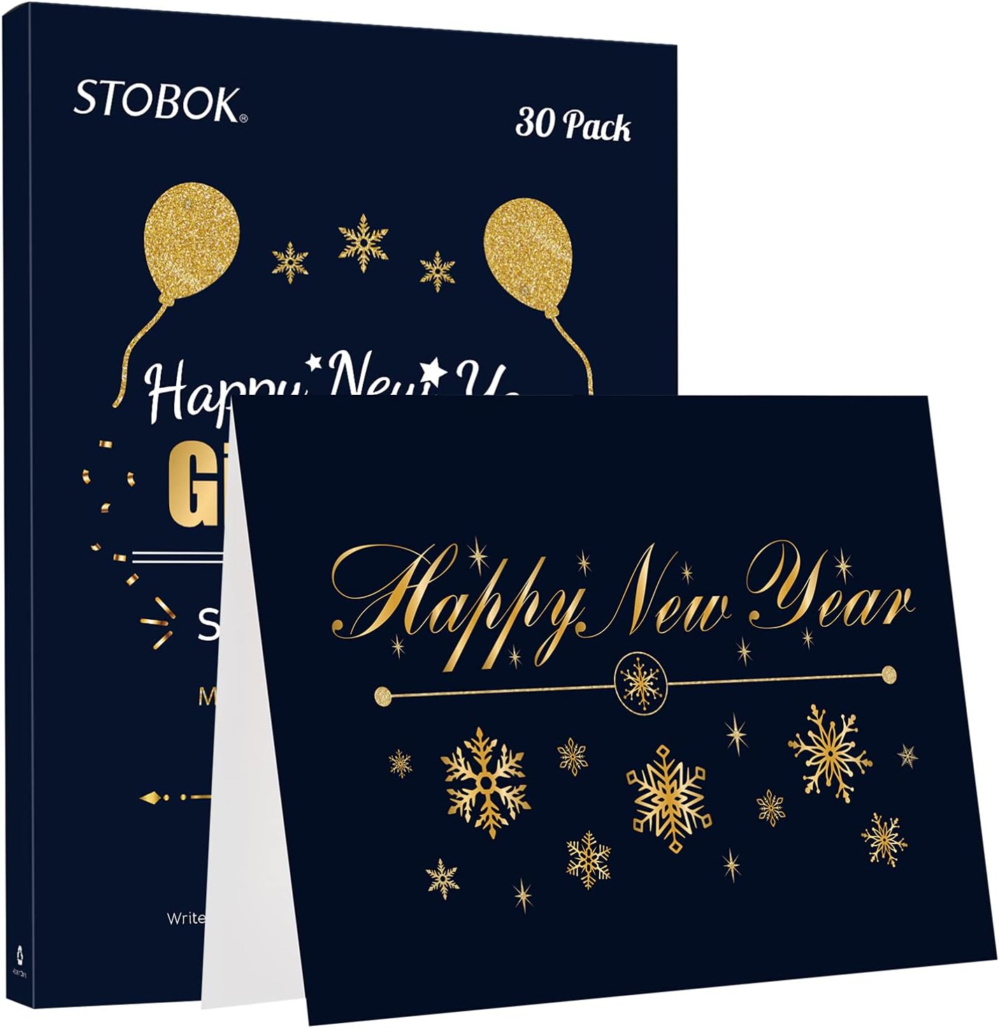 Happy New Year Card: 2022 30 Pack Golded Holiday Greeting Fold Cards Set with Envelopes for Christmas and New Year Presents 5 inch x 7 inch