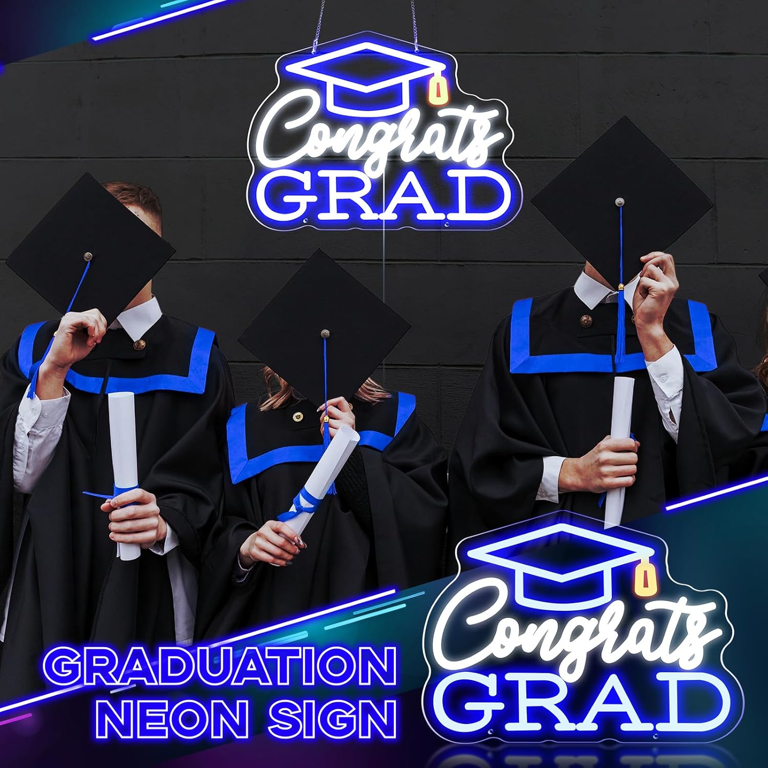 Rossesay 2026 Congrats Grad Neon Sign with Hat 15.7 x 11.4 in Blue LED Light Stylish Congratulations Sign Graduation Decoration USB Powered Photo Backdrop for Room Celebration Wall Decor