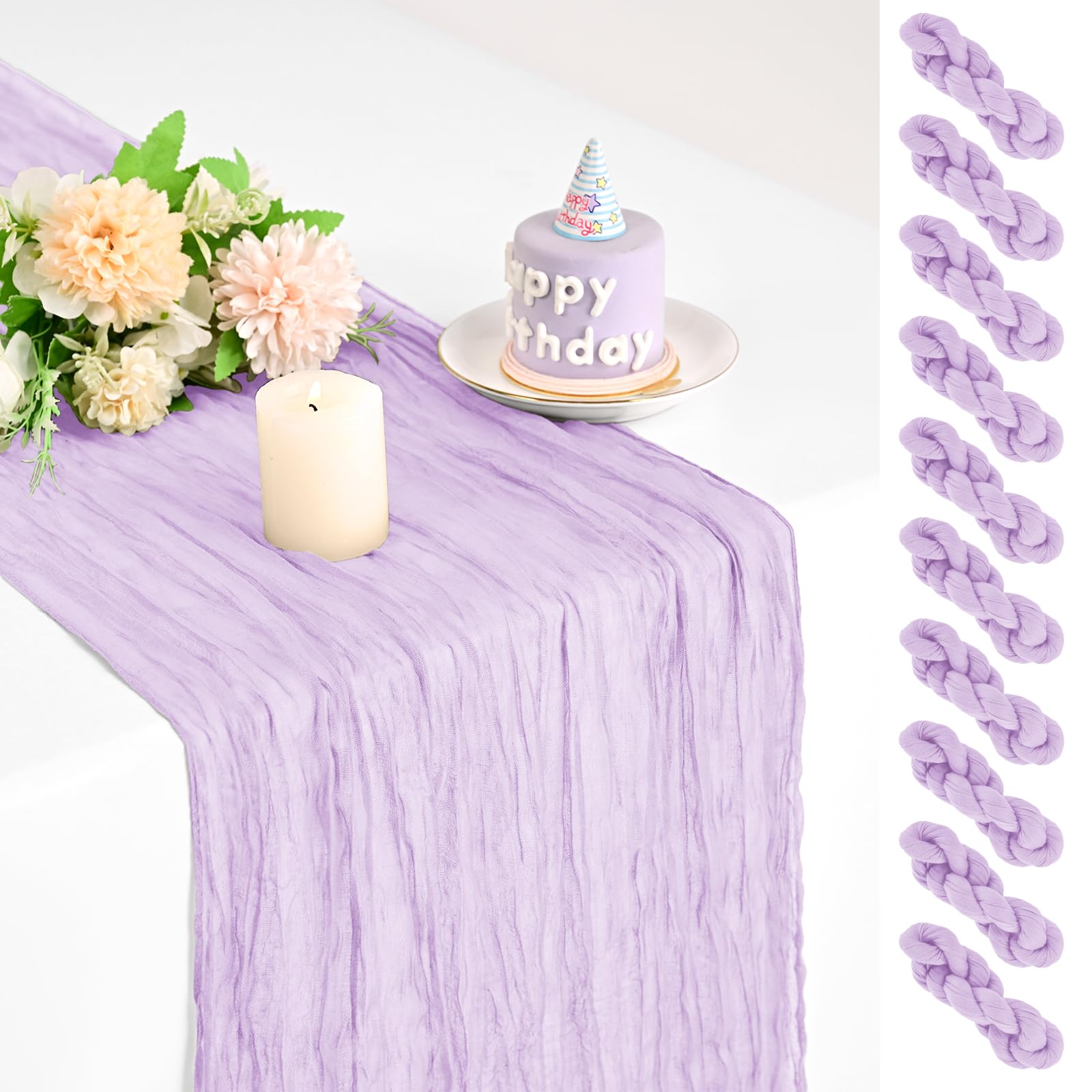 Teruntrue 10 Pack Lilac Cheesecloth Table Runner 17x108 Inch, Boho Gauze Sheer Fabric Cheese Cloth Table Runners for Wedding Party Bridal Shower Birthday Home Decor Garden Farmhouse