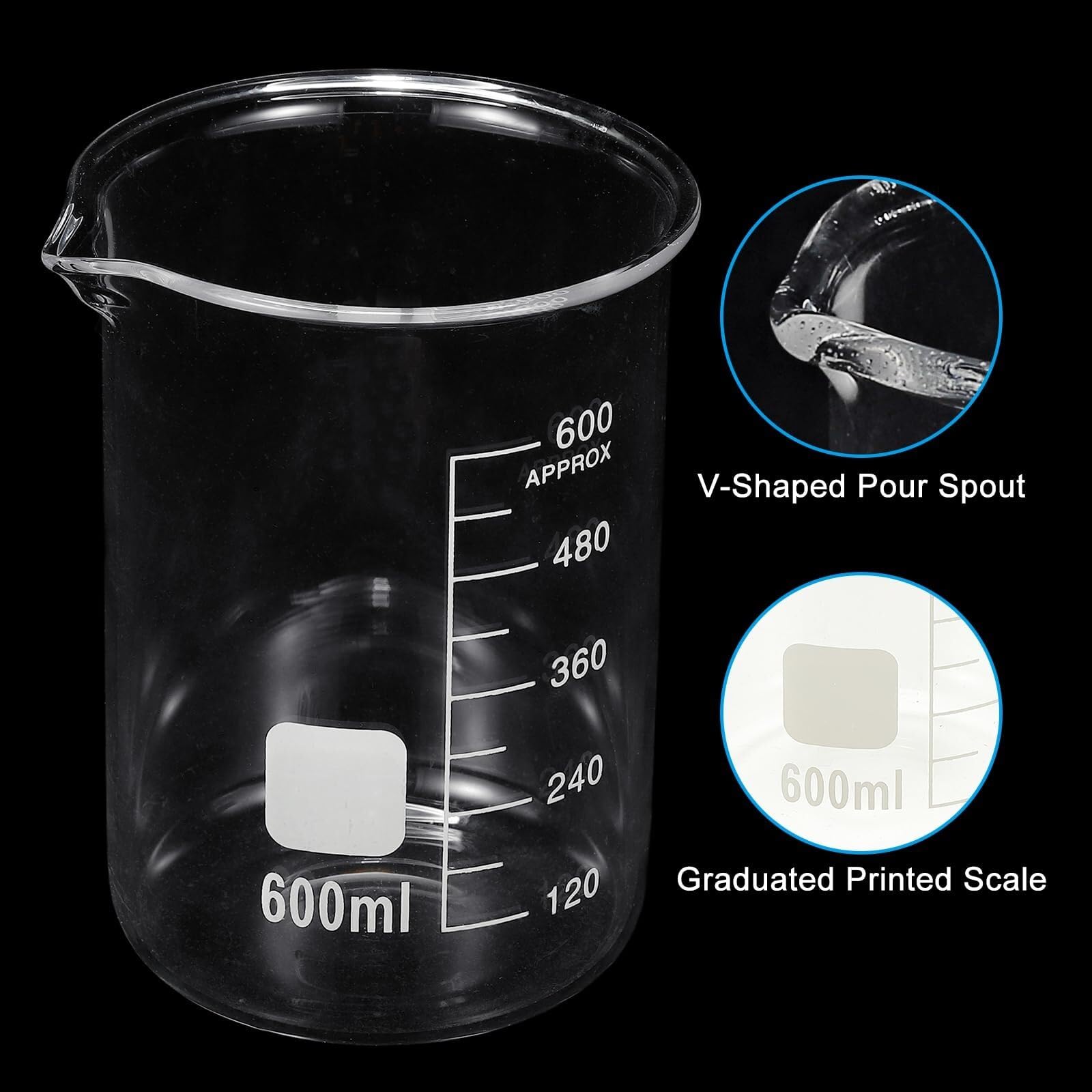 4er Set 600ml Borosilikatglas Bechergläser - Hitzebeständig bis 400°C, graduierte Skala für Labor & Küche(600ml)