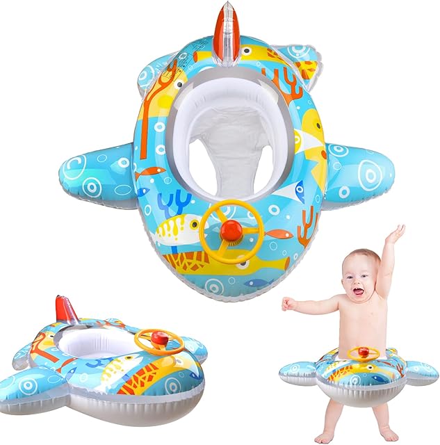 Pipihome Airplane Swimming Ring for Baby, Inflatable Baby Float with Seat Swimming Float Pool Seat Boat with Steering Wheel for Swimming Pool Bath fit Toddler Infant Kids