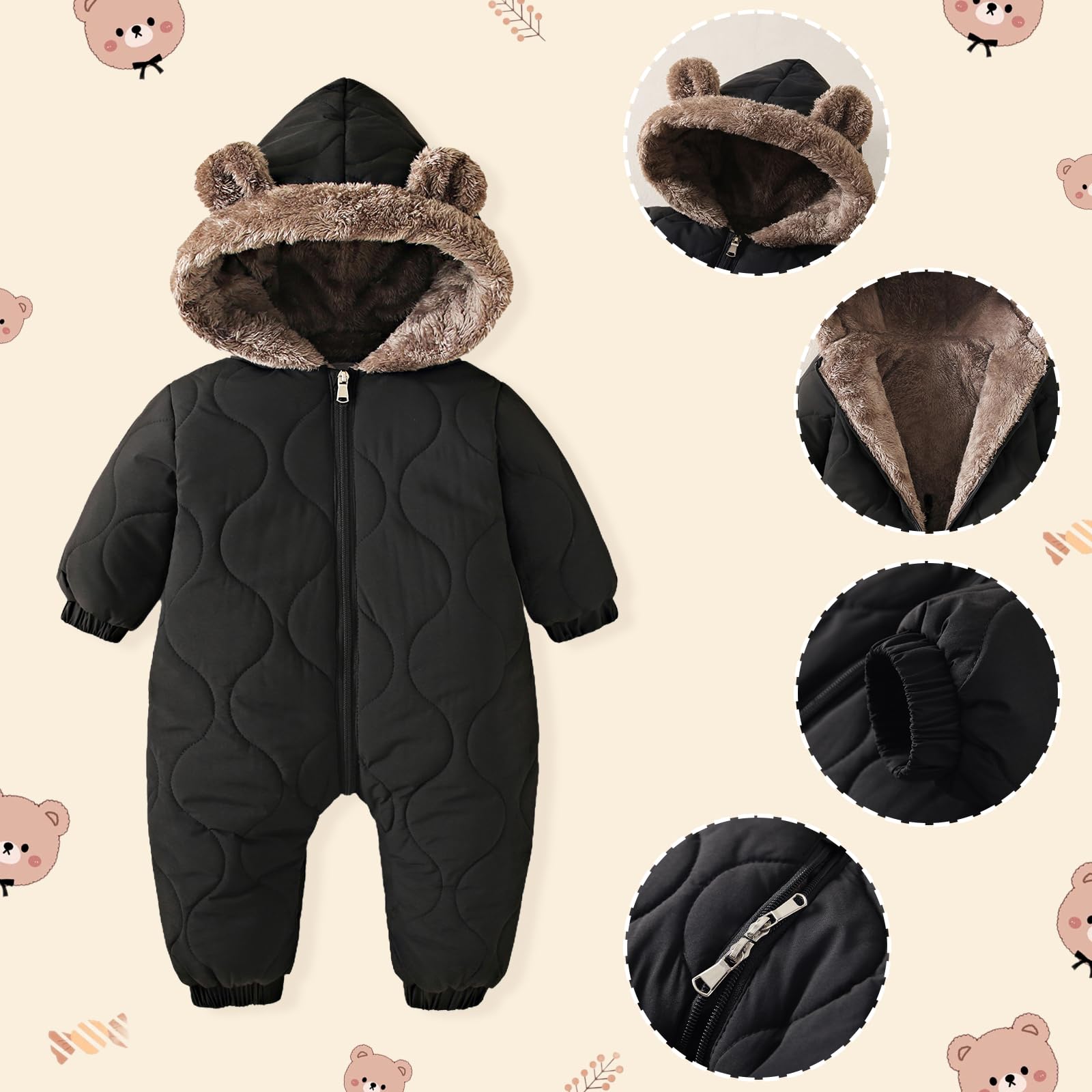Yanmucy Combinaison de neige pour bébé en polaire épaisse et chaude pour bébé - Combinaison d'hiver pour landau - Pour bébé fille et garçon de 0 à 24 mois