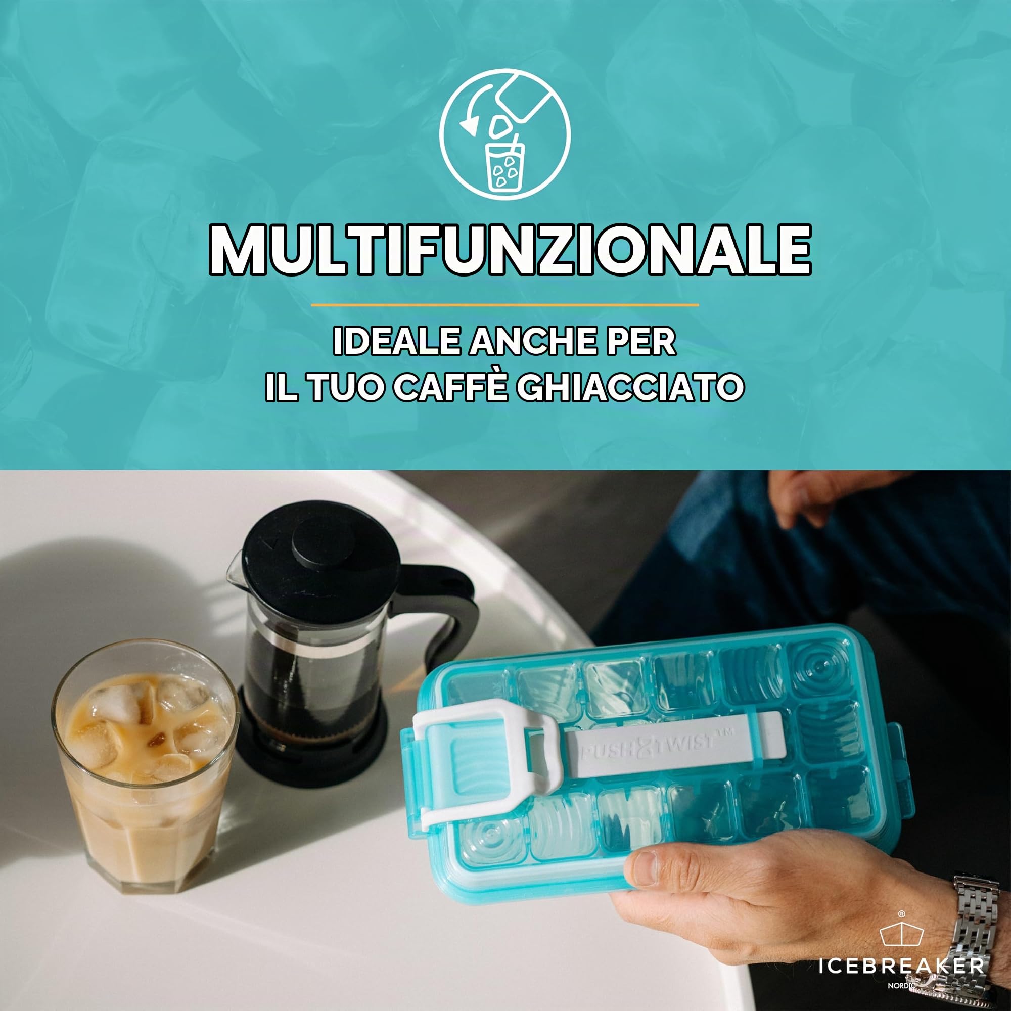 ICEBREAKER Nordic Push & Twist - 3 stampi per cubetti di ghiaccio con coperchio (18 x 3 cubetti di ghiaccio), vassoi per cubetti di ghiaccio per congelatore con coperchio, stampi per ghiaccio senza