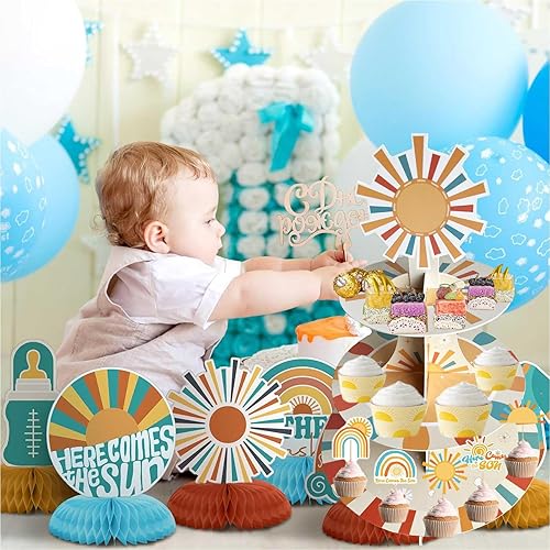 Miniatura 5 de Here Comes The Son - Soporte para cupcakes para 24 cupcakes retro Sunshine Daisy Cupcake Stand Boho Sun Cupcake Soporte para postre para primer