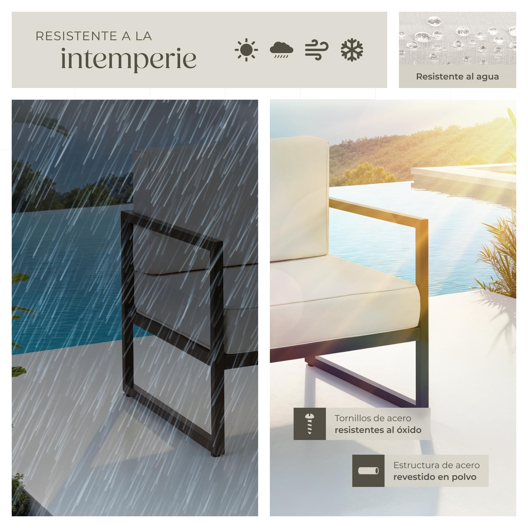 tectake® Conjunto Jardín Exterior de Acero, Sillones Terraza con Acolchado Grueso, Sillas Jardín con Pies Ajustables, Muebles Jardín Exterior, Fundas Repelentes al Agua, Sofás para Jardín - 2 plazas