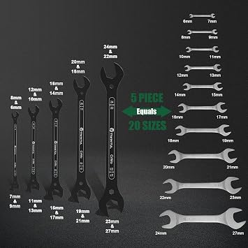 4-in-1 Super-Thin Open End Wrench Set, 5-Piece, 20 Sizes, Metric, 6, 7, 8, 9, 10, 11, 12, 13, 14, 15, 16, 17, 18, 19, 20, 22, 23, 24, 27 mm, Ultra-Slim Wrench Set for Thin Nuts, Narrow Spaces