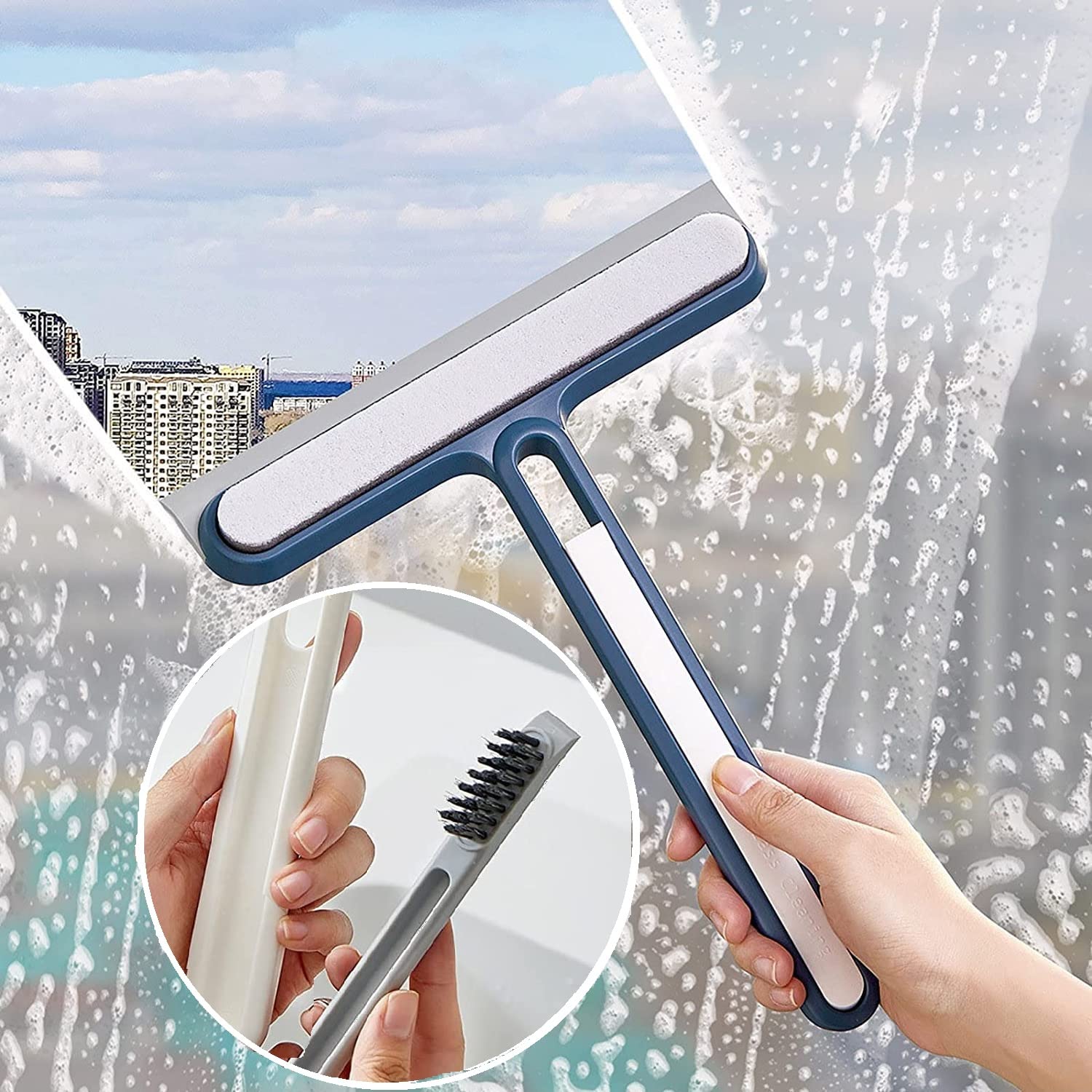 Rushwak 3 in 1 Glass Cleaning Brush Double-Sided Wiper Screen Window Brush Glass Wipe Window Small Hair Brush Sponge Brush, Double Sided Wet & Dry Dual Purpose
