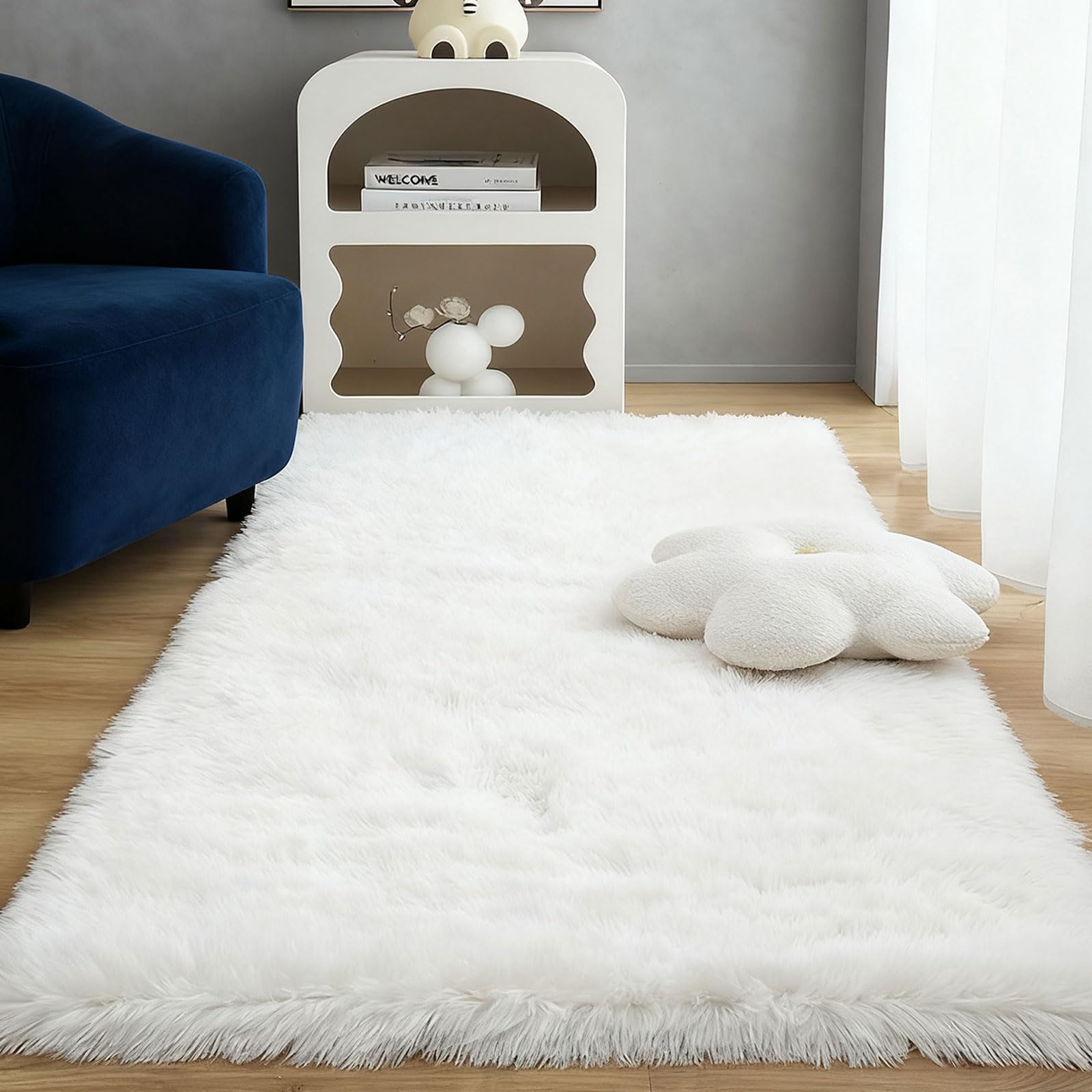 Tapis de porte lavable et long tapis chambre shaggy blanc anti-froid
