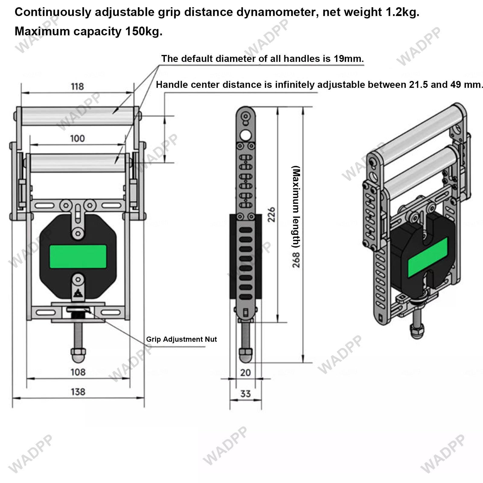 Handdynamometer, Digitaler Handgriffkrafttester mit LCD-Display, Edelstahlstruktur, Rutschfester Griffabstand Einstellbar, für Fitnesstraining