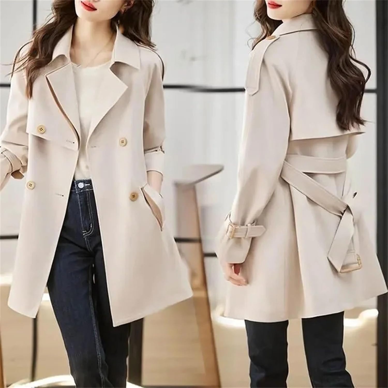 Women Spring Windbreaker Korean Double Breasted Mid Length Lined Trench Coat Elegant Ladies Office Outerwear
