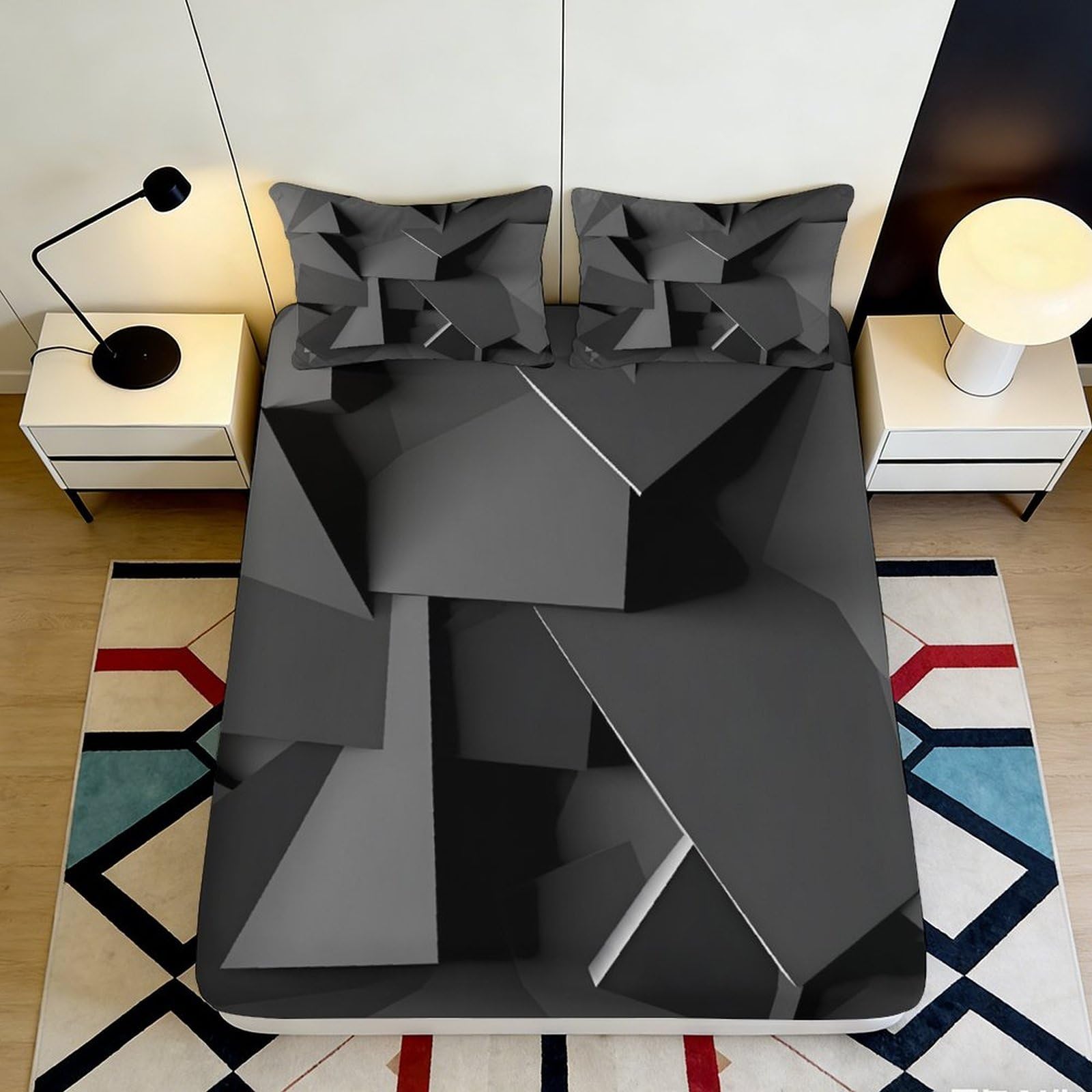 3D Printed Geometric Abstract Fitted Sheet Microfiber Black Cube Mattress Cover Non-slip Easy Care for Bedroom Dorm 180x200x25cm