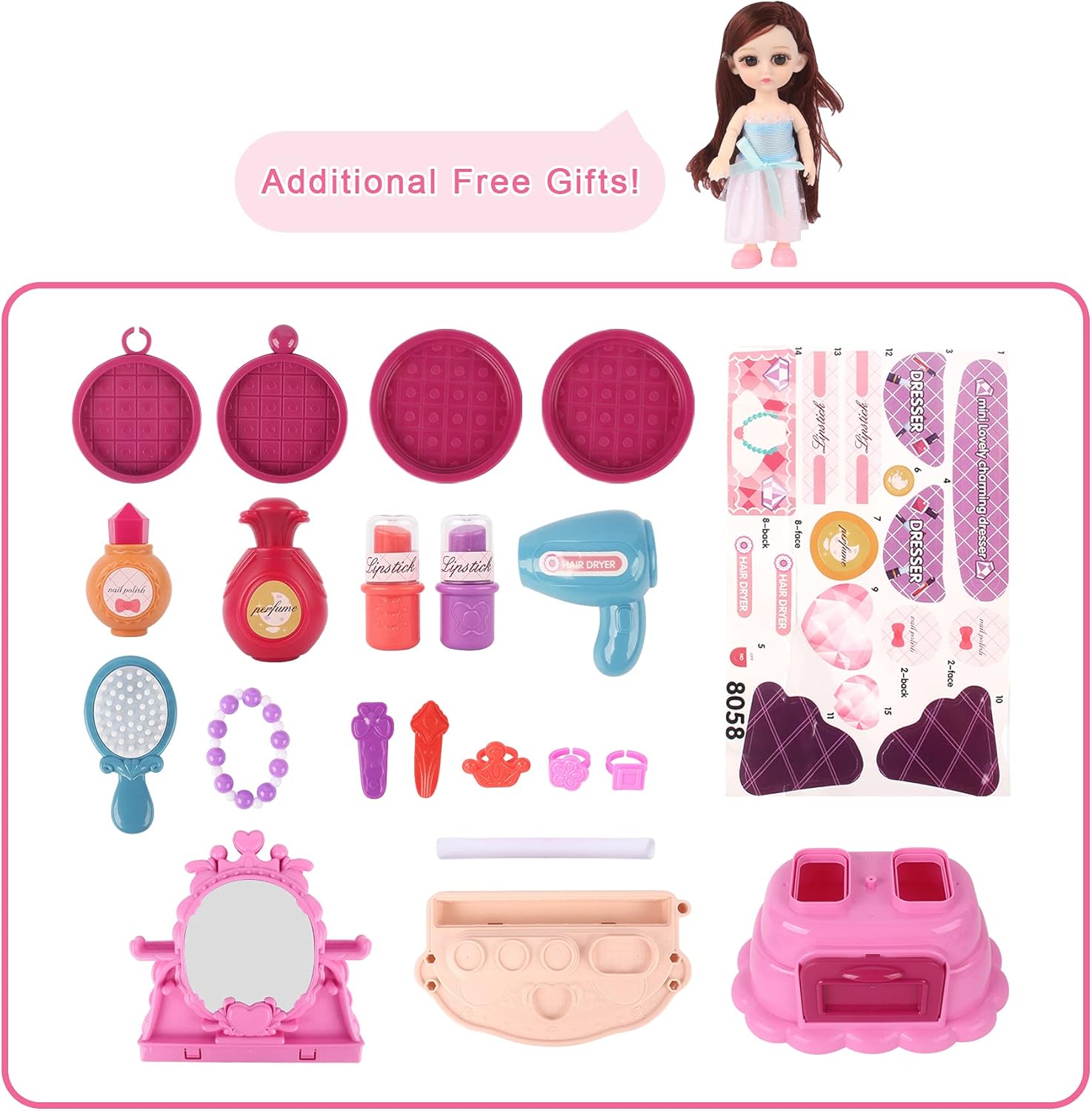 PALA PERRA Play Vanity Sets for Girls, 25PCS Kids Vanity Set with Mirror, Pretend Play Kids Makeup Vanity, Princess Vanity Set for Girls, Get an Extra Free Doll : Toys & Games