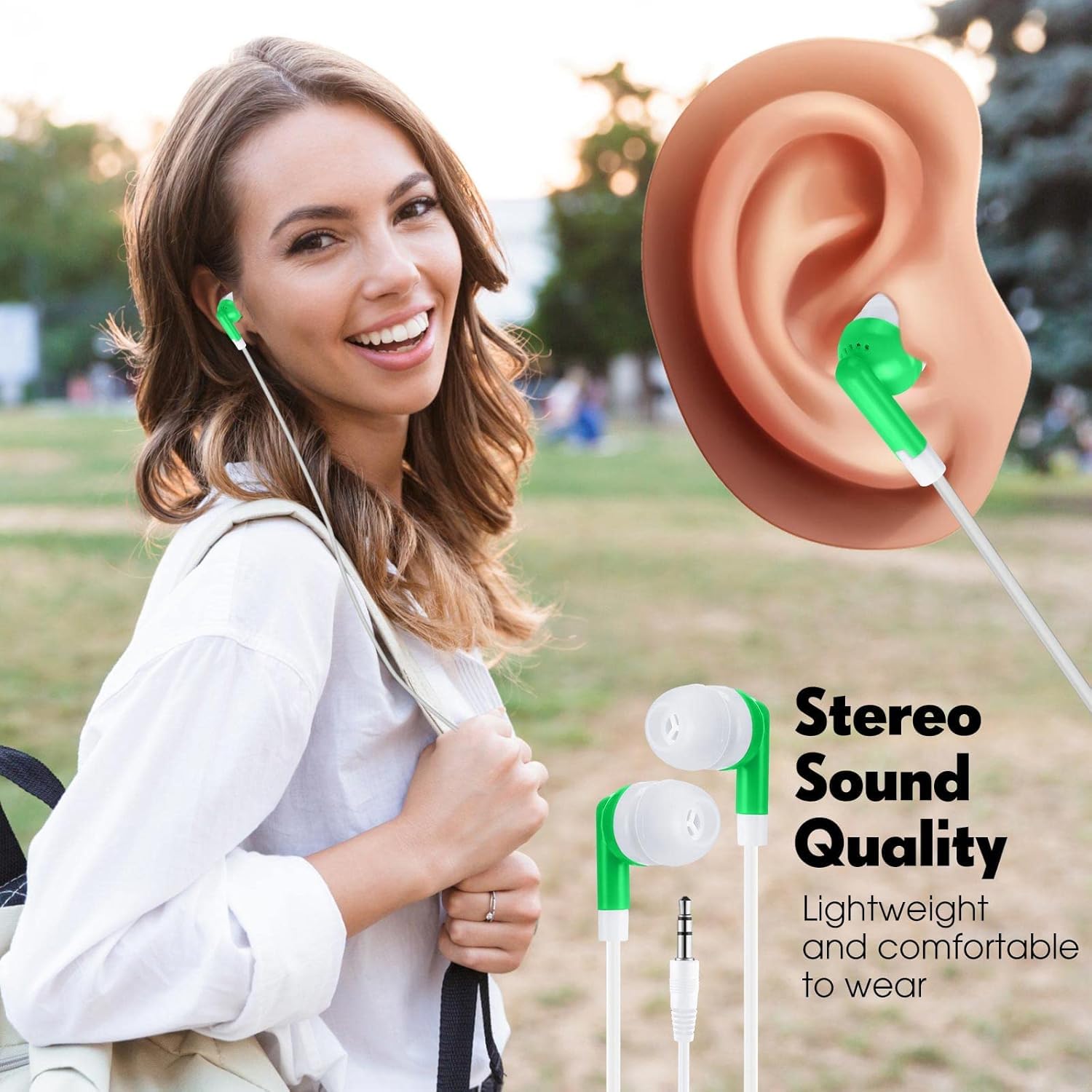 Lot de 100 écouteurs intra-auriculaires de 3,5 mm emballés individuellement avec fil pour étudiants, écoles adultes, hôpitaux, hôtels, bibliothèques, musées, cadeau MP3 (vert)