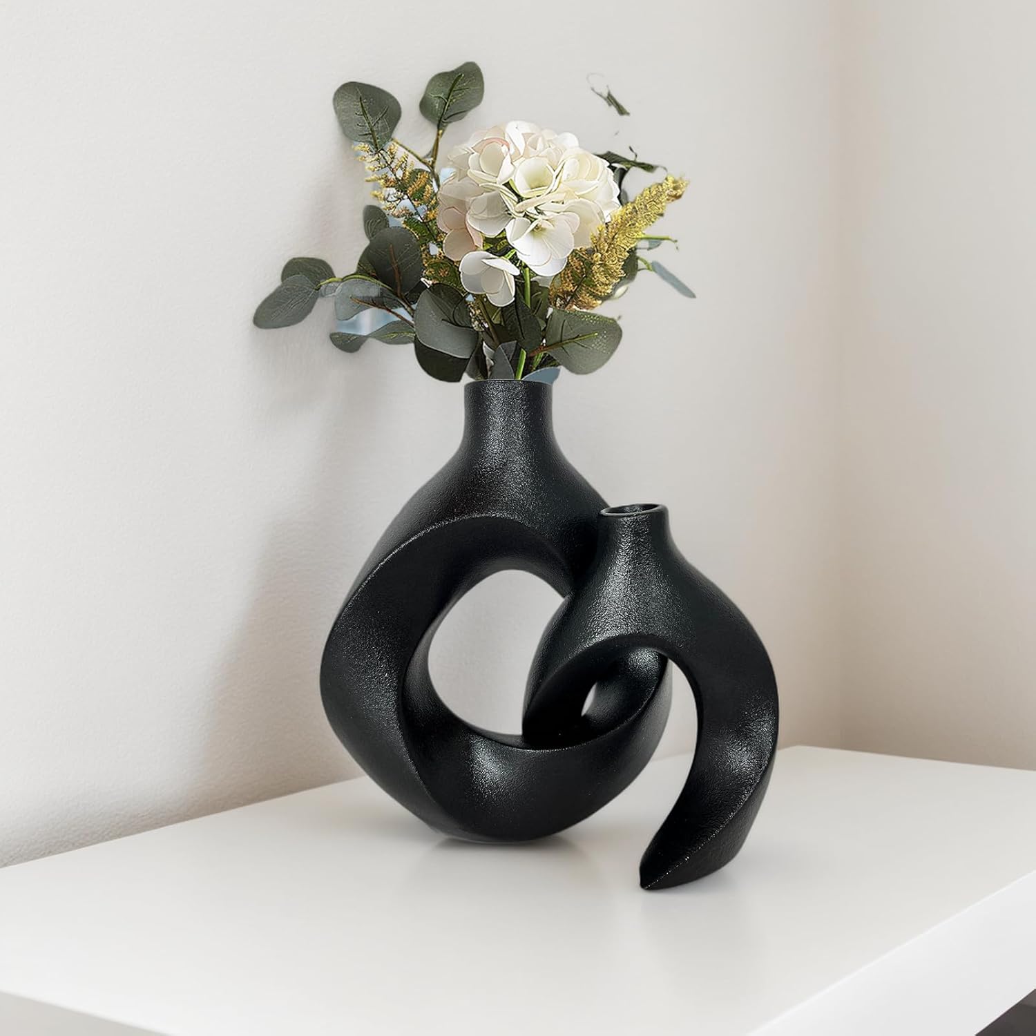 Matte Black Ceramic Decorative Vase Set with Curved Design