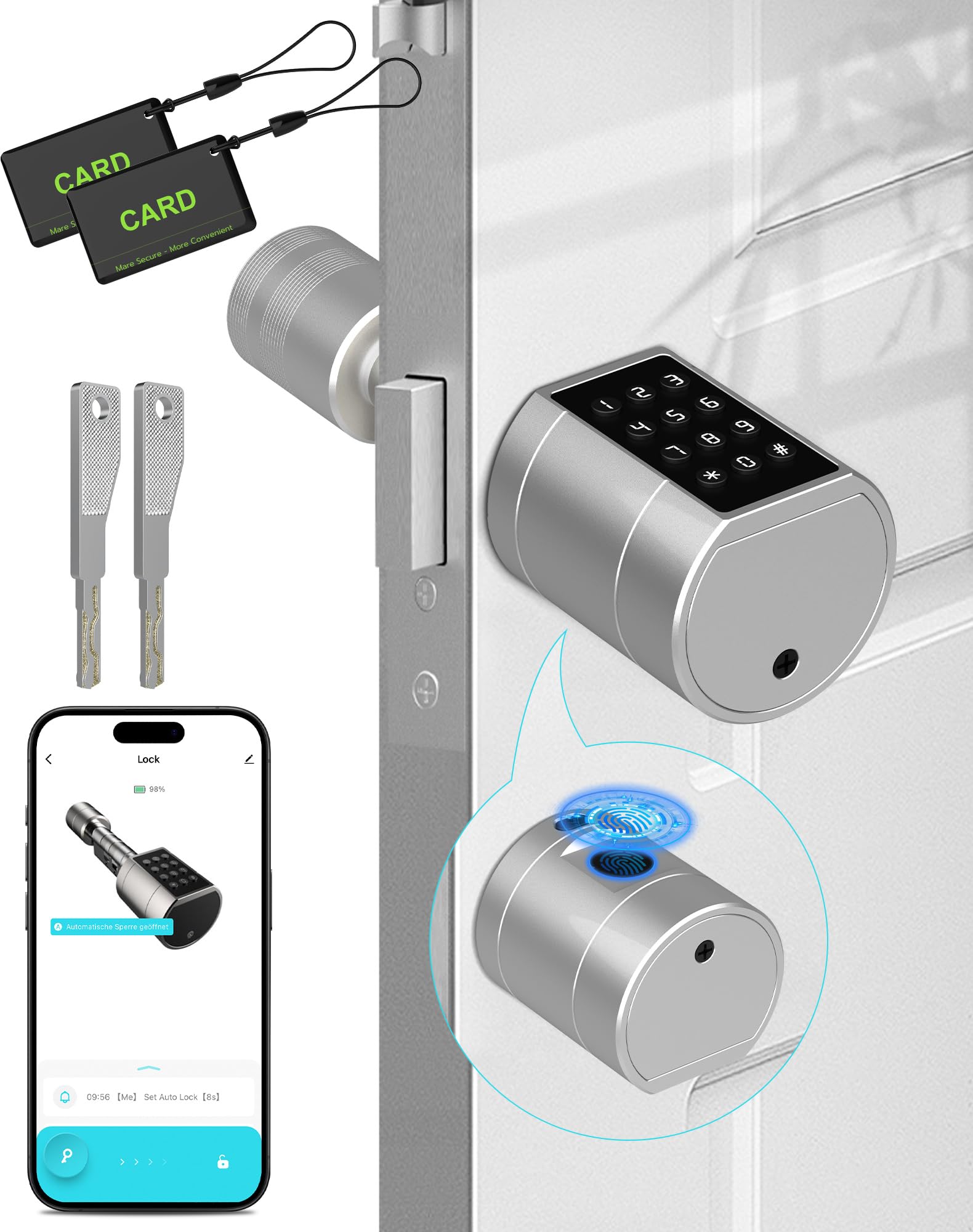 Eseesmart Türschloss Fingerabdruck, Fingerabdruck Schloss mit Zahlencode RFID Schlüssel APP, Elektrisches Smart Türschloss SchließZylinde Einstellbare Länge für 30-60mm Tür