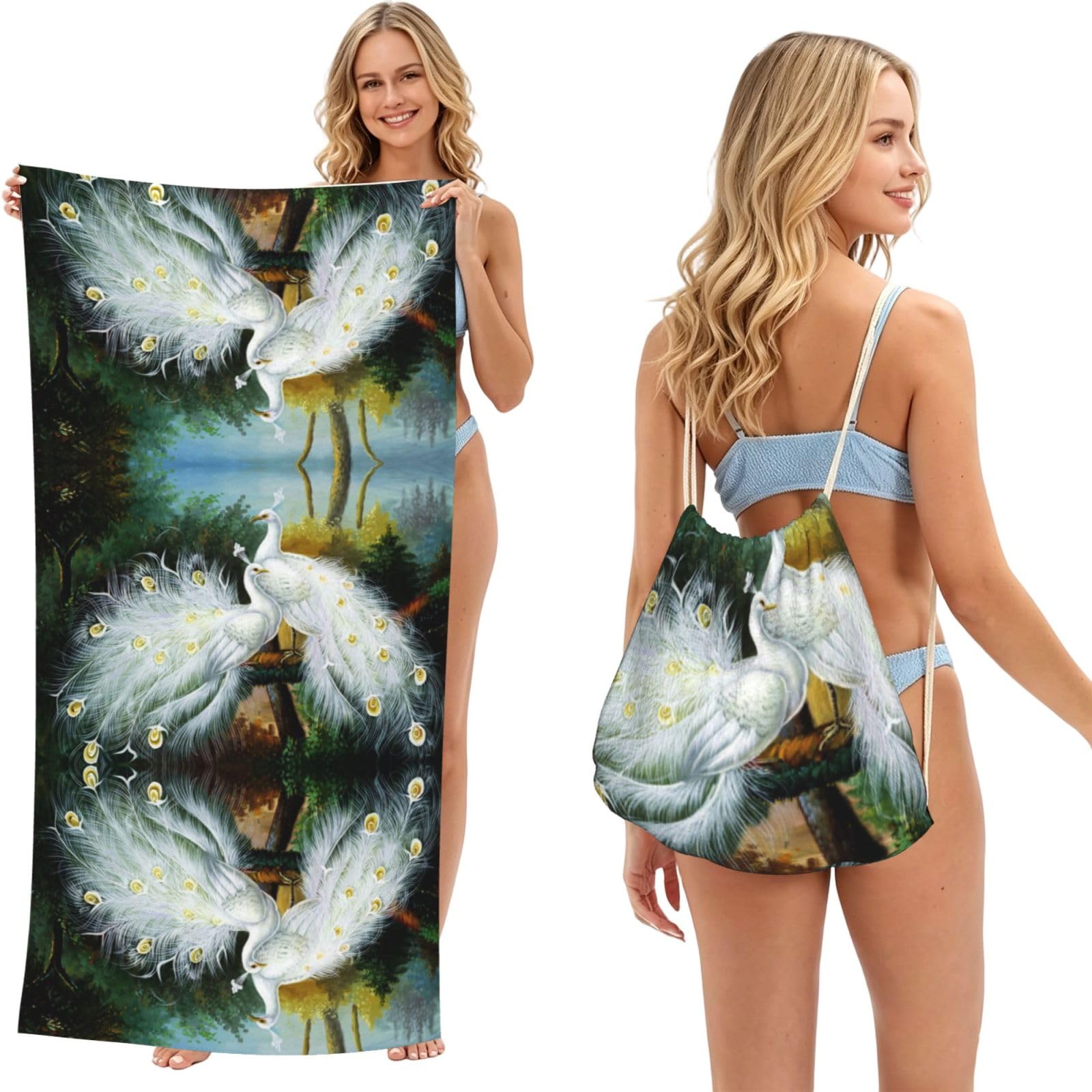ESNAIUVCD White Peacock Print Beach Towel For Adults,Towel With Drawstring Bag, Travel Pool Swimming Sports Shower Sand Free Quick Dry Bath Towel For Pool, Beach, Yoga- 180x60cm