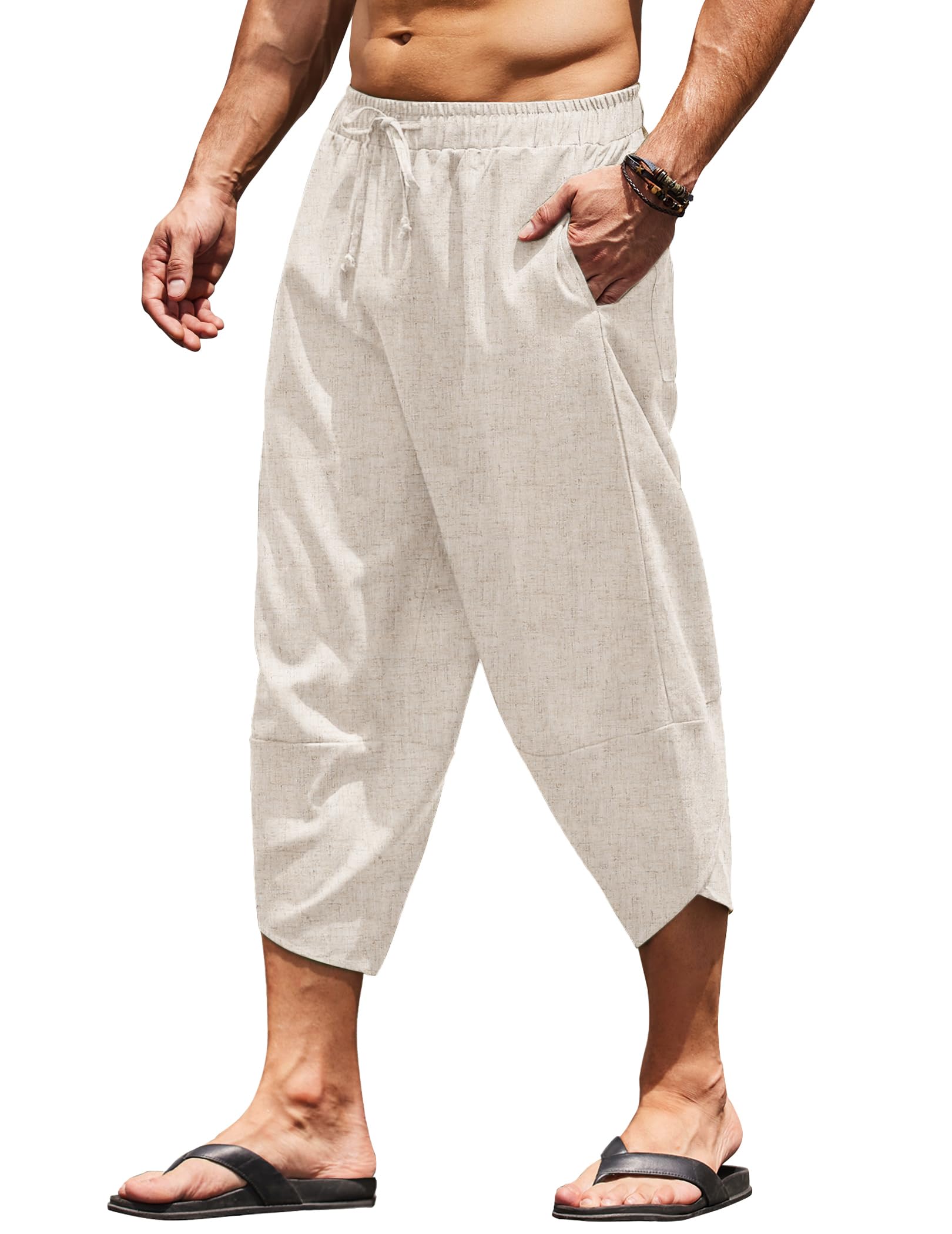 COOFANDY Men's Linen Harem Capri Pants Lightweight Loose 3/4 Shorts Drawstring Elastic Waist Casual Beach Yoga Trousers