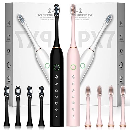 Paquete de 2 cepillos de dientes eléctricos para adultos, con 8 cabezales de cepillo, 6 modos de 42000 vpm, cepillo de dientes eléctrico sónico