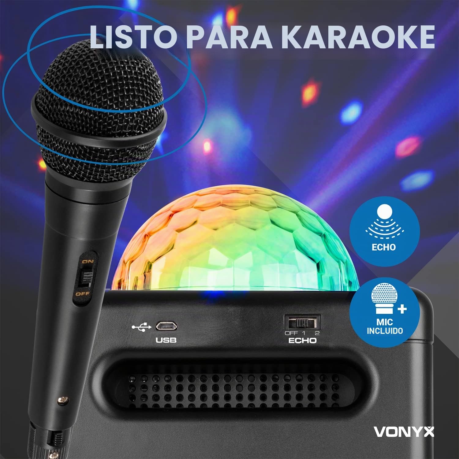 Vonyx SBS50B_Plus Altavoz portátil Set de Karaoke para Fiesta con micrófono y Efecto Eco, Bluetooth, Bola de Discoteca con Efectos de Luces LED y Efectos Luminosos Frontales - Negro