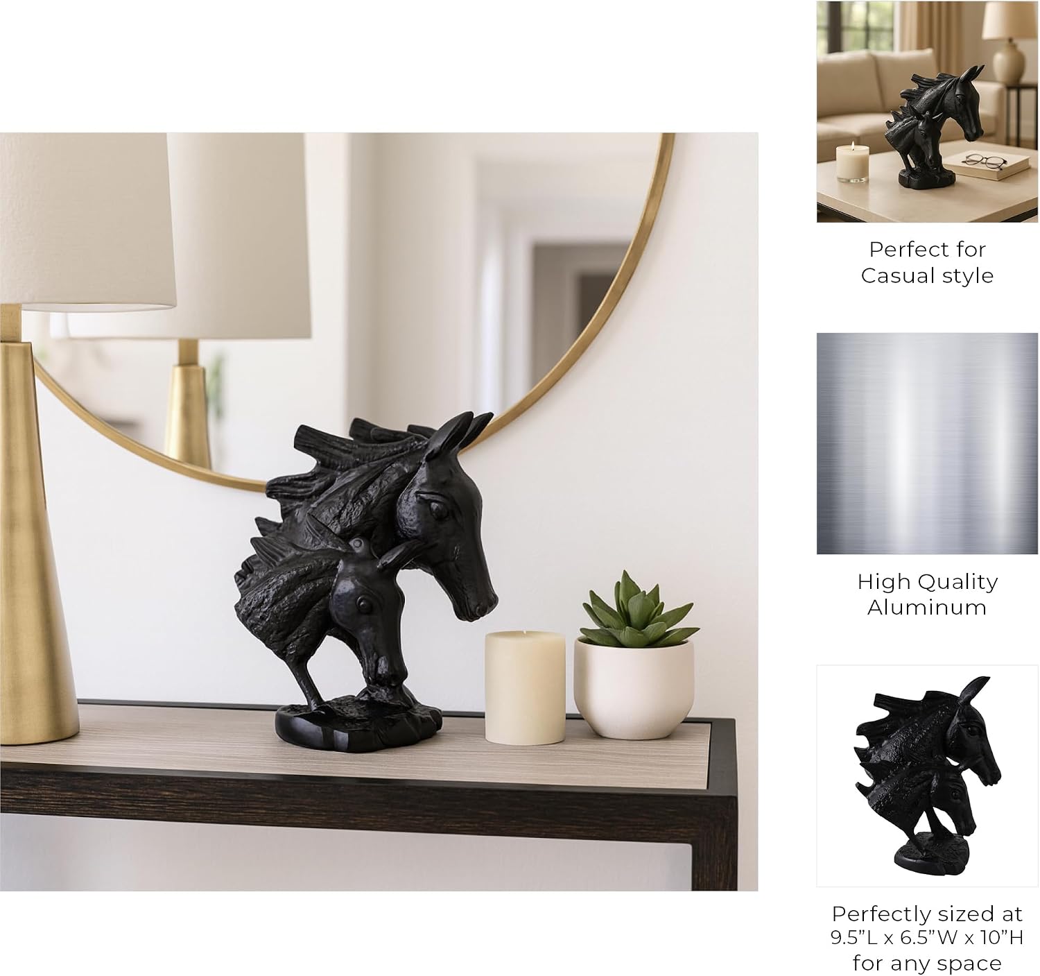 Double Horse Head Sculpture for Home or Living Room Decor - Equestrian Statue Perfect for Bathroom, Office, and Office Decor - Decorative Ornaments for Shelf or Coffee Table Decor Accents - 10", Black
