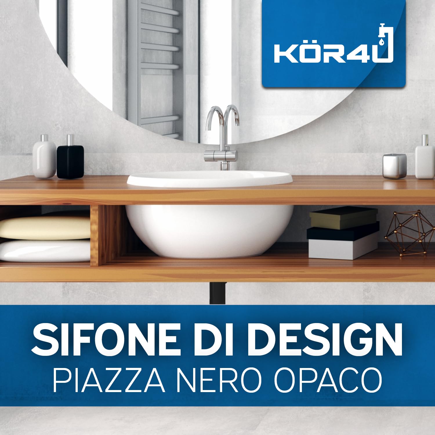 kör4u Sifone 1 1/4" x 32 mm, quadrato, nero opaco, con guarnizioni e rosetta