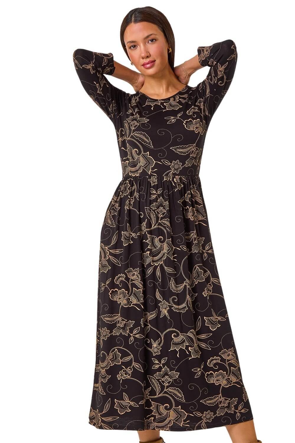 Roman Women's Paisley Pocket Stretch Midi Dress in Tan | Size: 20