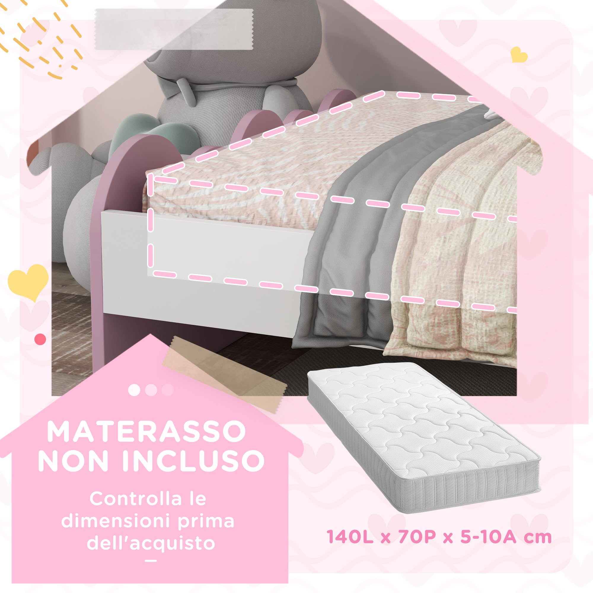 ZONEKIZ Lettino per Bambini 3-6 Anni con Sponde Laterali Anticaduta, Letto Bambini in MDF e Pannelli Multistrato, 143x74x66 cm, Bianco e Rosa