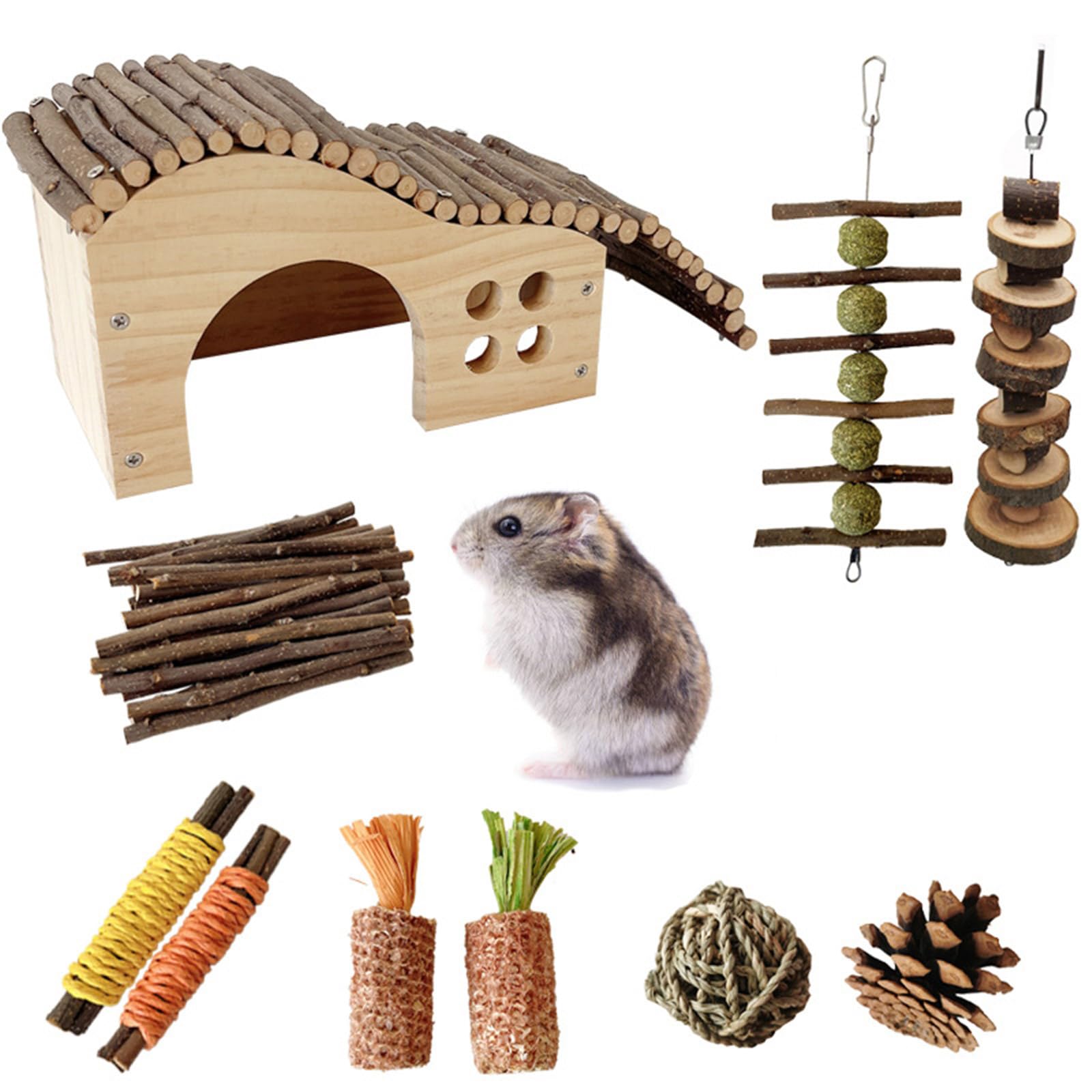 10-teiliges Habitat Set für Hamster, Kauspielzeug, Käfighaus, Spielzeug, Rattanball, bissfest, Kaninchen für Kleintiere, Meerschweinchen, Langeweile