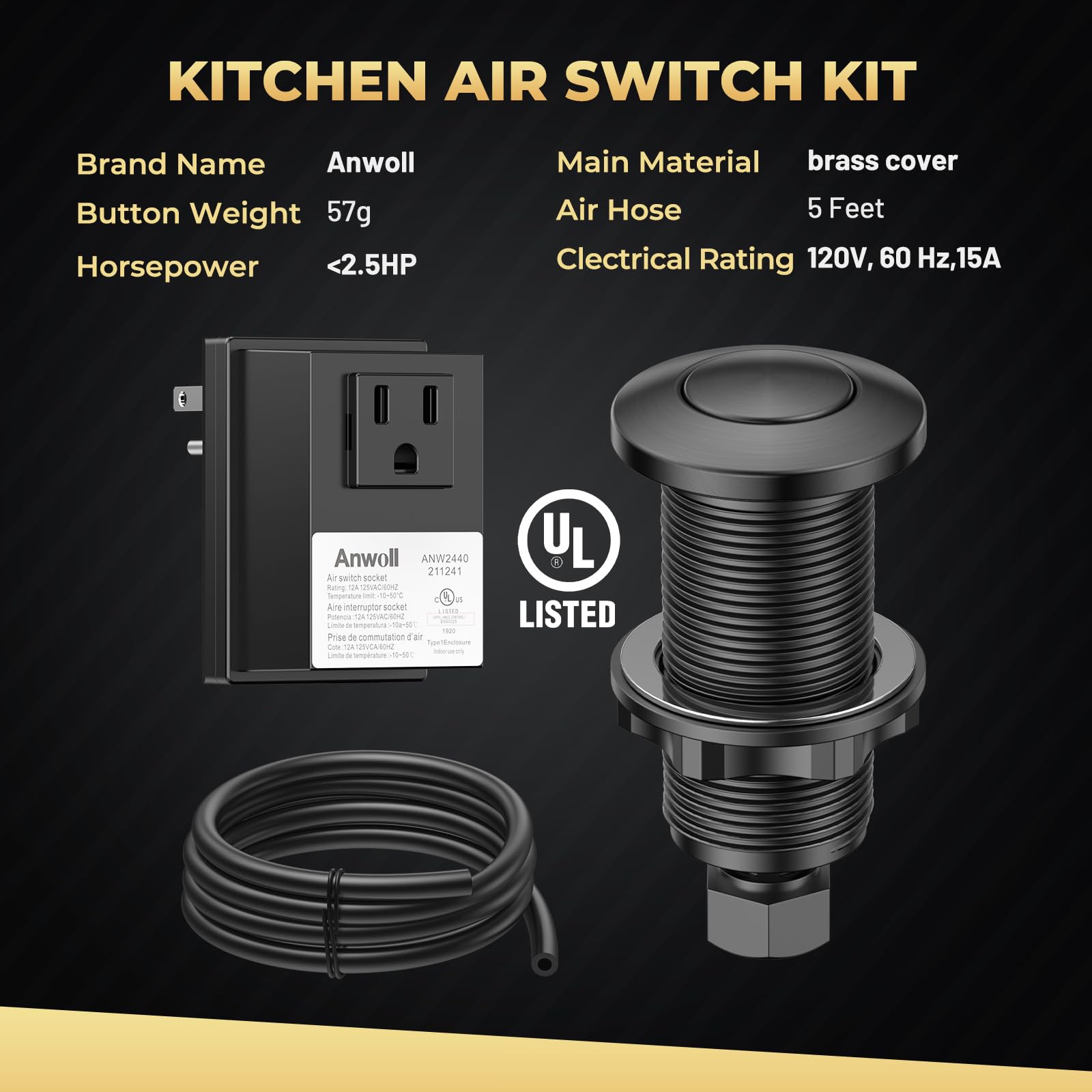 Kit de interruptor de aire para eliminación de basura, profesional, triturador de residuos superior de fregadero encendido/apagado (certificación UL), negro mate