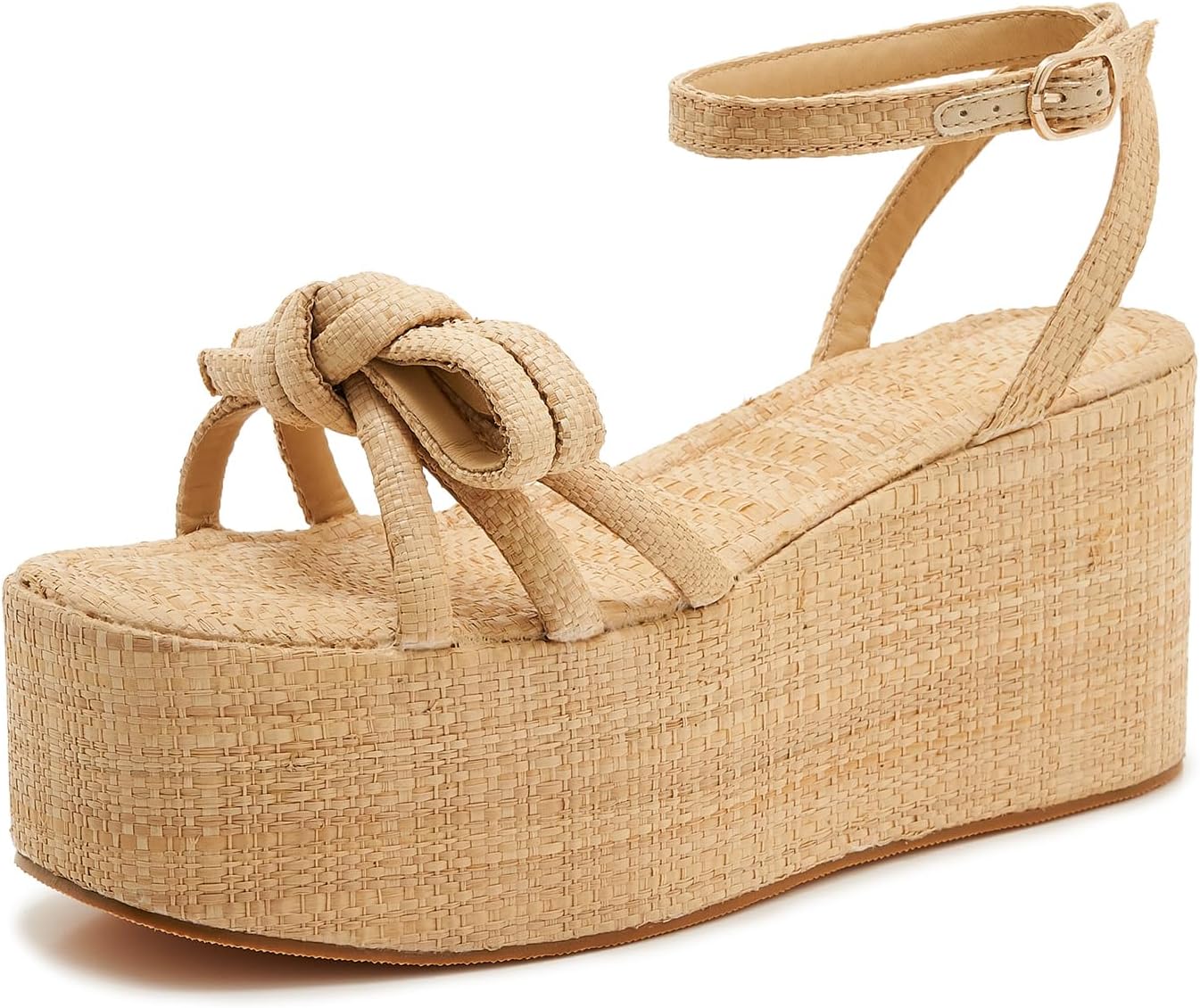 Women's Raffia Platform Wedge Sandals with Bow Knot, Ankle Strap, Open Toe Summer Vacation Shoes