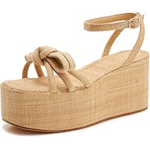 Women's Raffia Platform Wedge Sandals with Bow Knot, Ankle Strap, Open Toe Summer Vacation Shoes