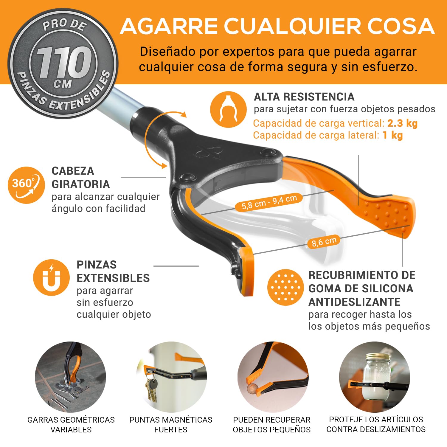 EZPIK® Palo Extensible Extra Largo de 110 cm - Pinzas Magnéticas para Personas Mayores, Minusválidos y Ancianos - Recogefrutas Telescópico y Basura [Plateado, 1 Unidad]