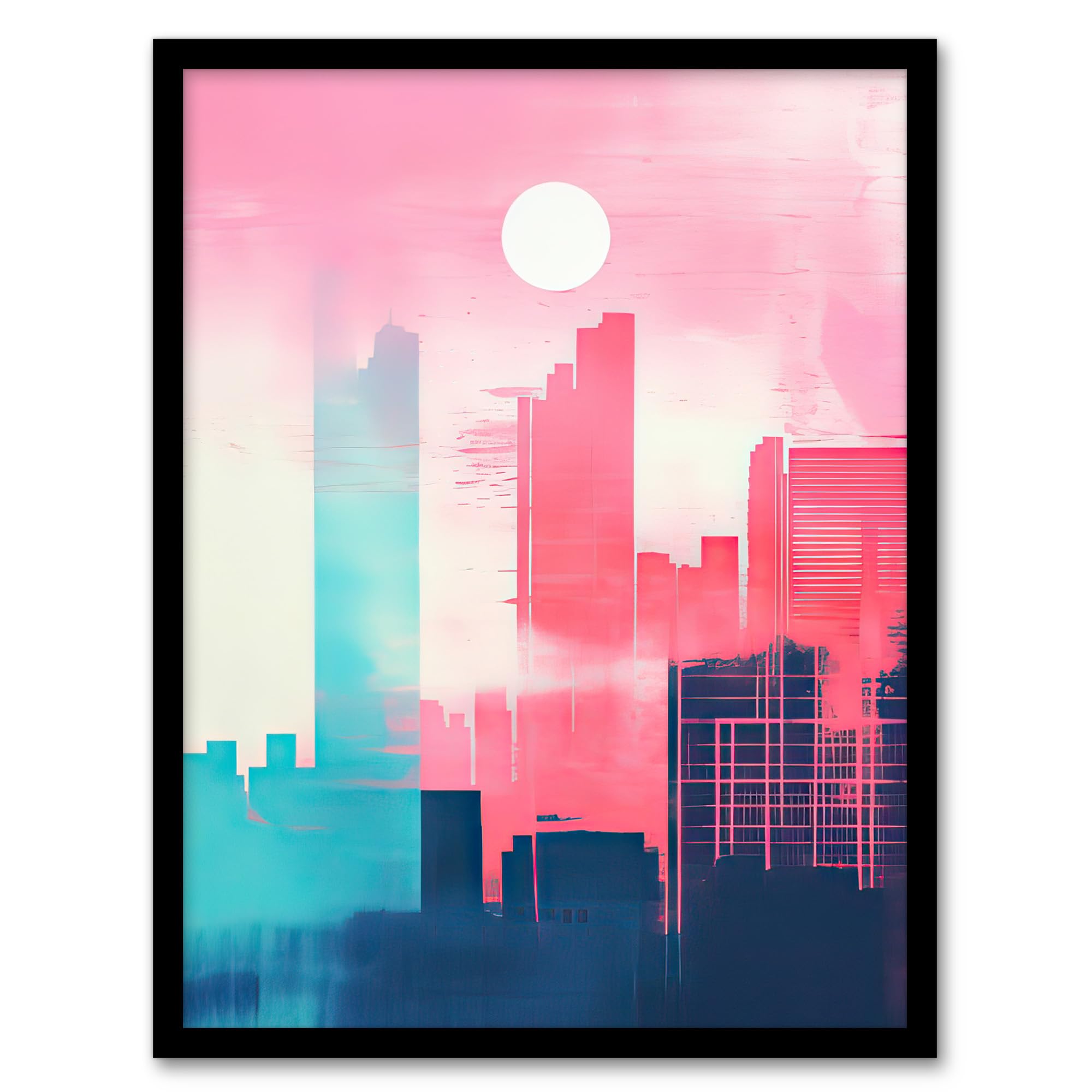 Artery8 Abstract Geometric Metropolis Cityscape Coral Pink Turquoise Blue Pastel Colour Artwork Artwork Framed Wall Art Print 18X24 Inch