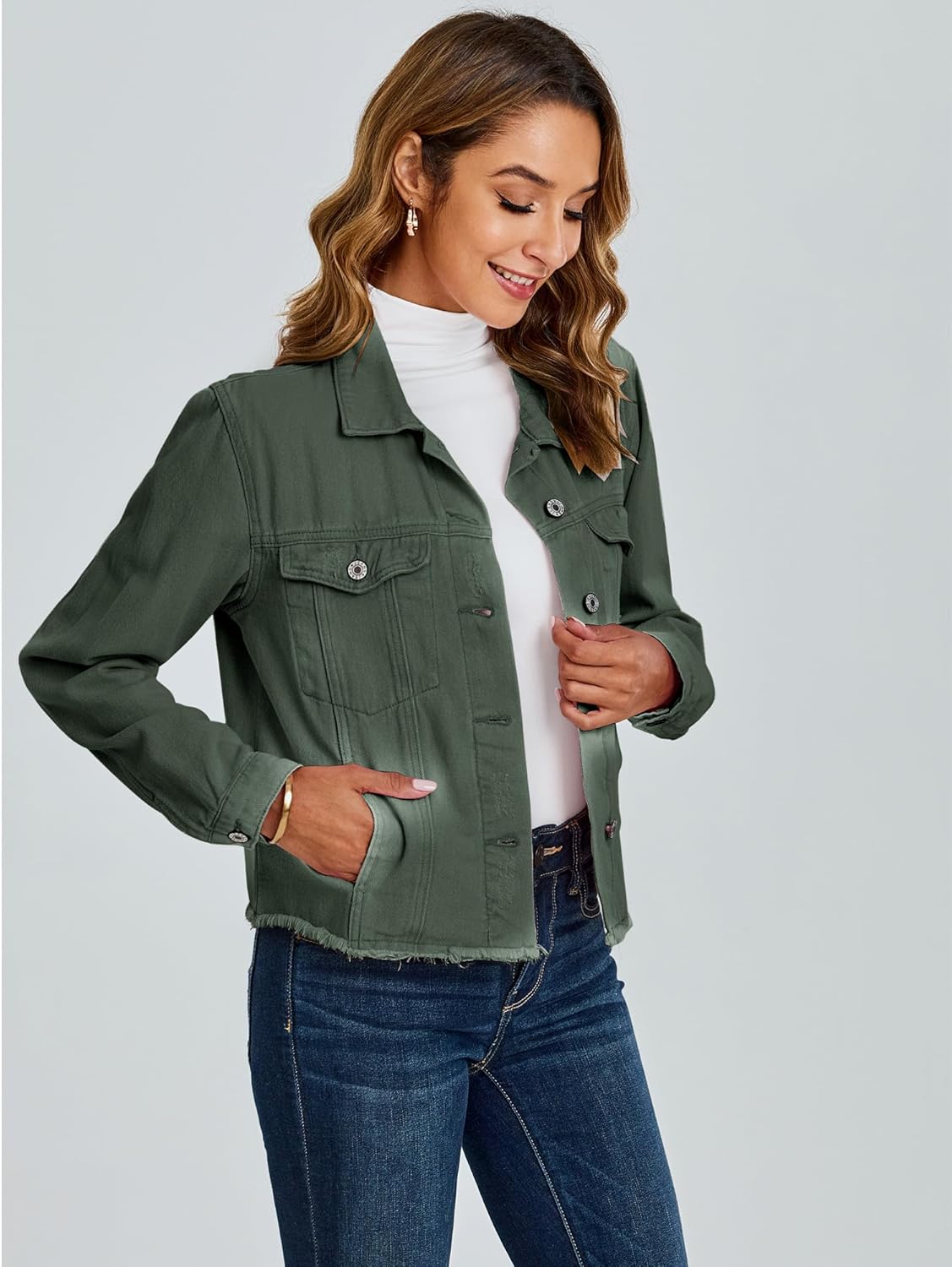 luvamia Denim Jacket for Women Distressed Jean Jackets Button Up Vintage Western Trucker Jacket Frayed Hem Pockets - Image 3