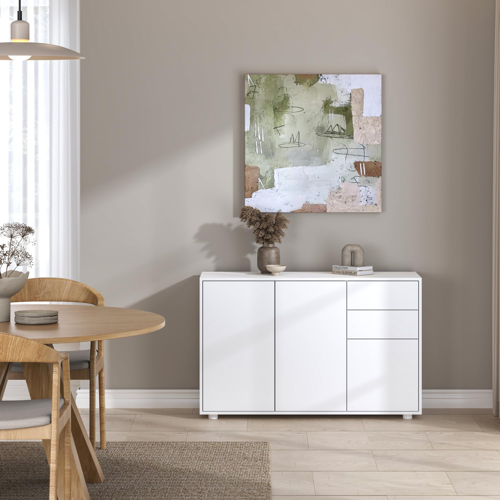 [en.casa] Credenza con 2 Cassetti e 3 Ante Comò Cassettiera Multiuso con Scomparti Vani Chiusi per Soggiorno Camera da Letto Ufficio 74x117x36 cm - Bianco Opaco