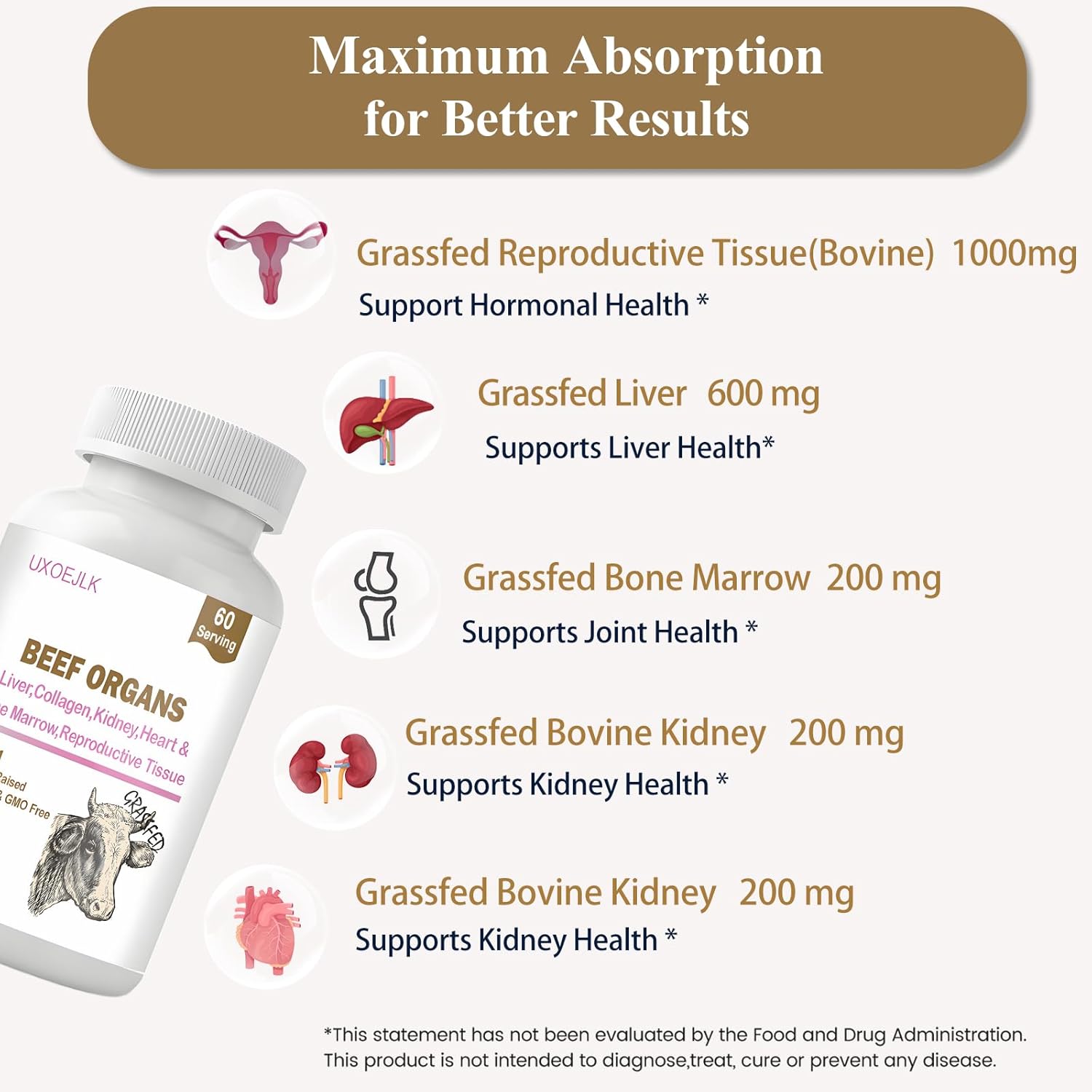 Grass Fed Beef Organ Supplement, 180 Beef Organs Capsules for Women & Men with Liver, Heart, Kidney, Bone Marrow & Reproductive Tissue, Supports Full Body Wellness Non-GMO 60-Day Supply - Image 2