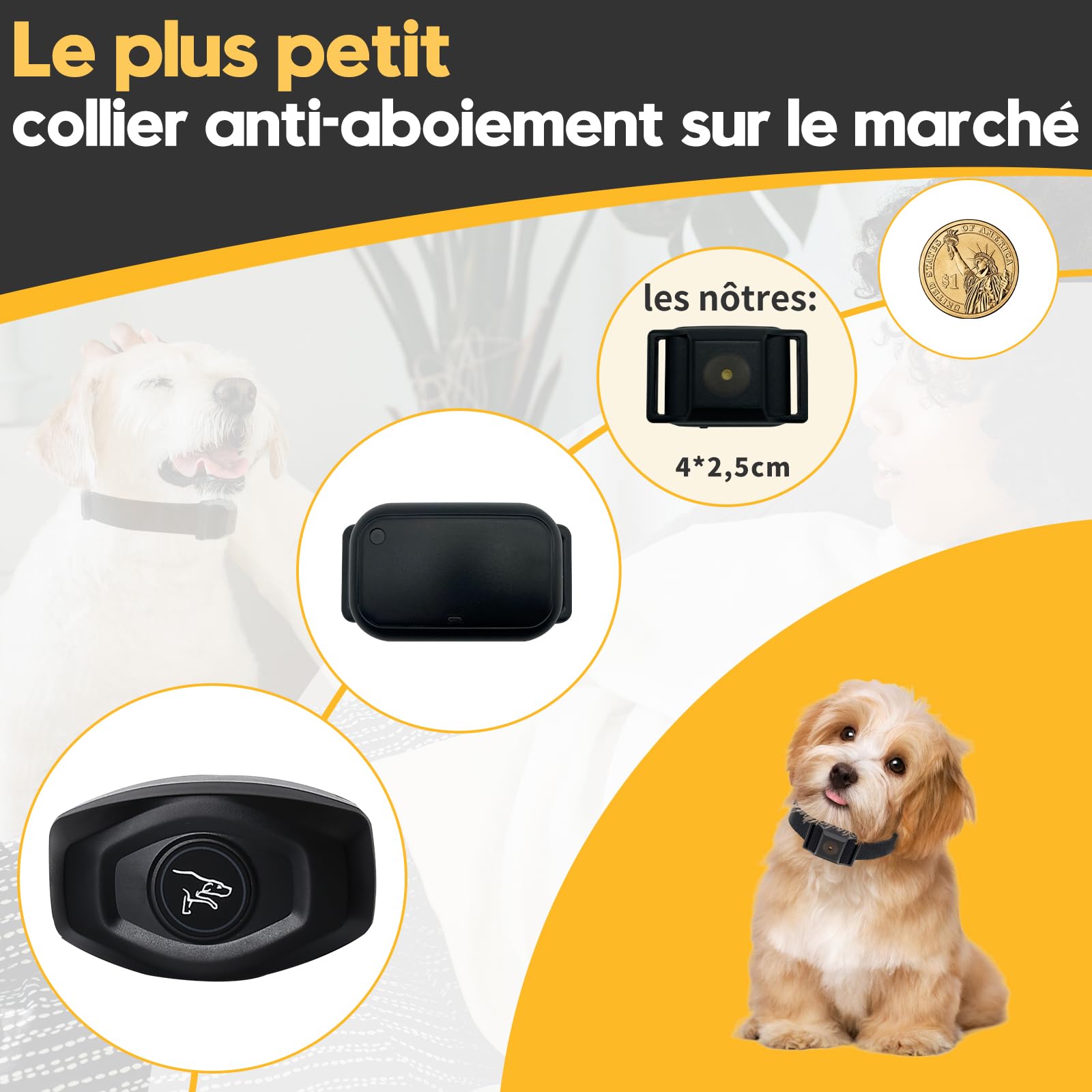 Le Plus Petit Collier Anti-aboiement pour Les Petits Chiens de 5-15lbs, Seulement 4 * 2.5cm & 12 grammes, sans Choc avec Vibration et Son, Extra Petit et Rechargeable, 5 Niveaux de sensibilité