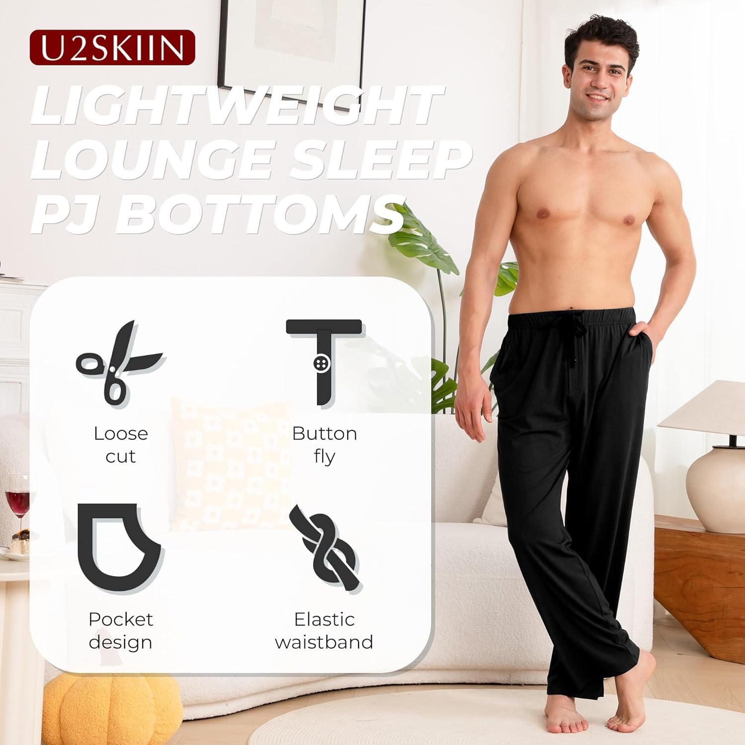 U2SKIIN Mens Cotton Pajama Pants Soft Lightweight Lounge Sleep Pj Bottoms with Pockets and Button Fly - Image 3