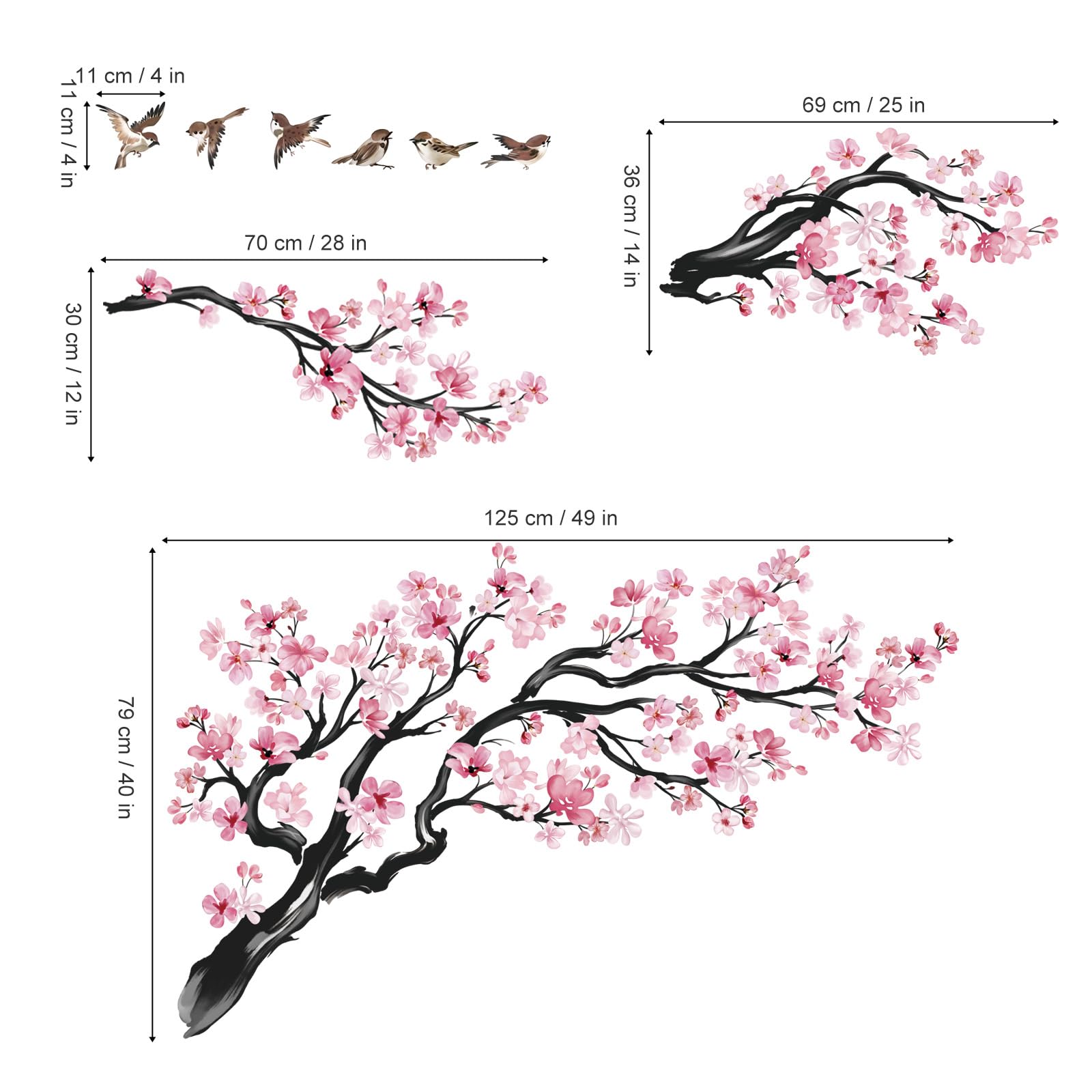 wondever Stickers Muraux Grand Branche de Fleurs Rose Autocollants Muraux Mural Stickers Cerisier Floral Branche Arbre Oiseaux pour Chambre Salon Mur TV