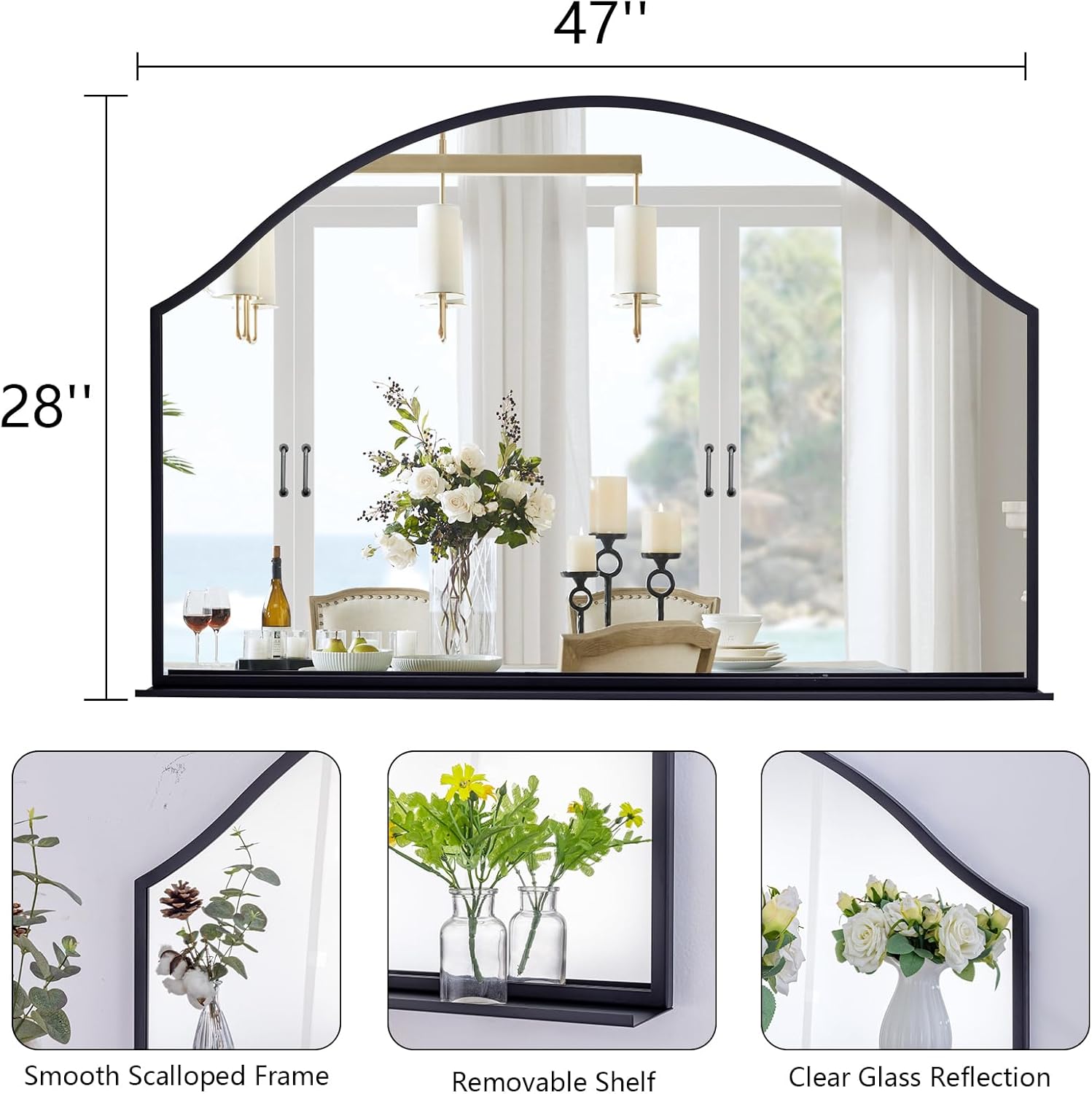 Chende 47''x32'' Large Wall Mirrors for Decor, Black Bathroom Mirror with Removable Shelf, Elegant Scallopd Mirror with Arched Frame for Entryway, Living Room, Mantel, Bedroom