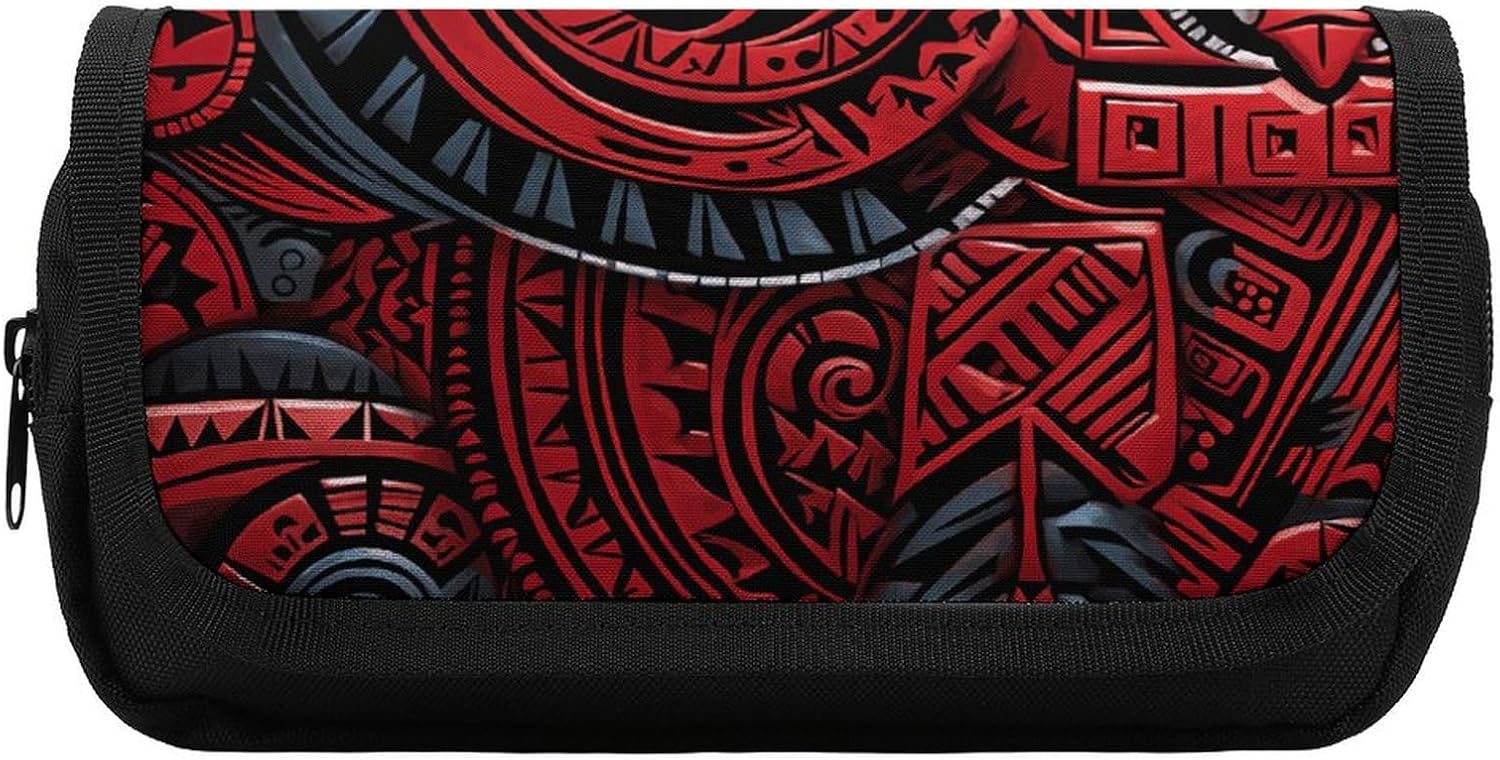 Pencil Pouch Red Tribal Pattern Pencil Case for Men Women Cosmetic Bag Aesthetic Pen Bag for Office Multifunctional Bag Marker Pen Case
