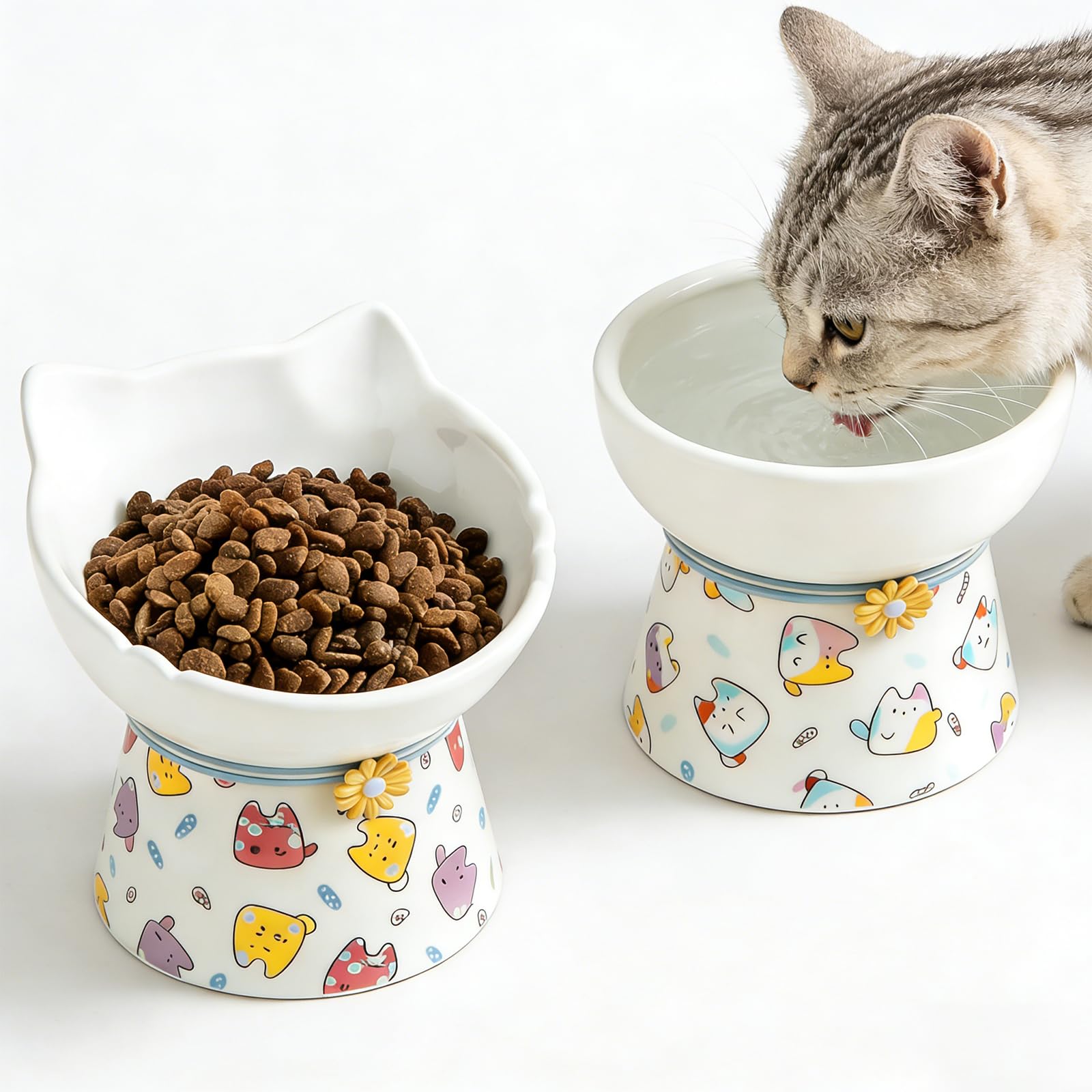 2 PCS Elevated Ceramic Cat Bowls, 15°Raised Cat Food Bowl, Whisker Friendly Anti Vomiting Cats Dishes, Anti Vomiting & Protect Pet's Spine, Pet Feeder Bowl, Feeder Dish for Indoor Kitty and Small Dogs