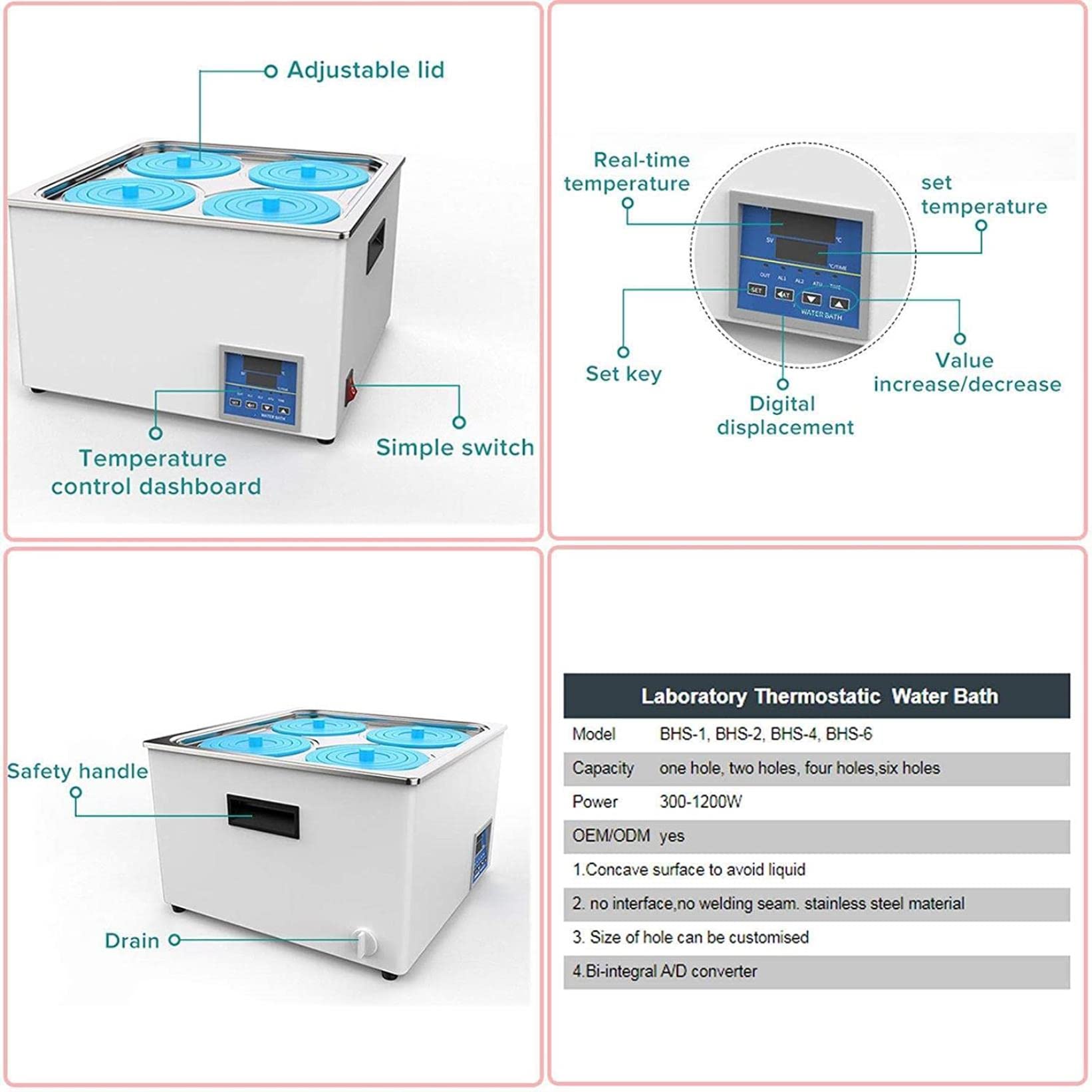 Baño María de laboratorio, baño María con termostato digital, baño María termostático de acero inoxidable con 4 orificios de calentamiento eléctrico, temperatura ambiente de hasta 100 °C, función de