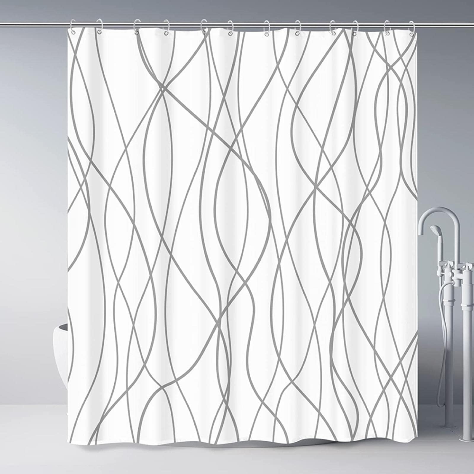 Cortina de Ducha de Tela con Rayas Grises y Blancas, Impermeable, de poliéster, para baño, Decorativa con Gancho de plástico, 300x180cm(118" Wx71H)