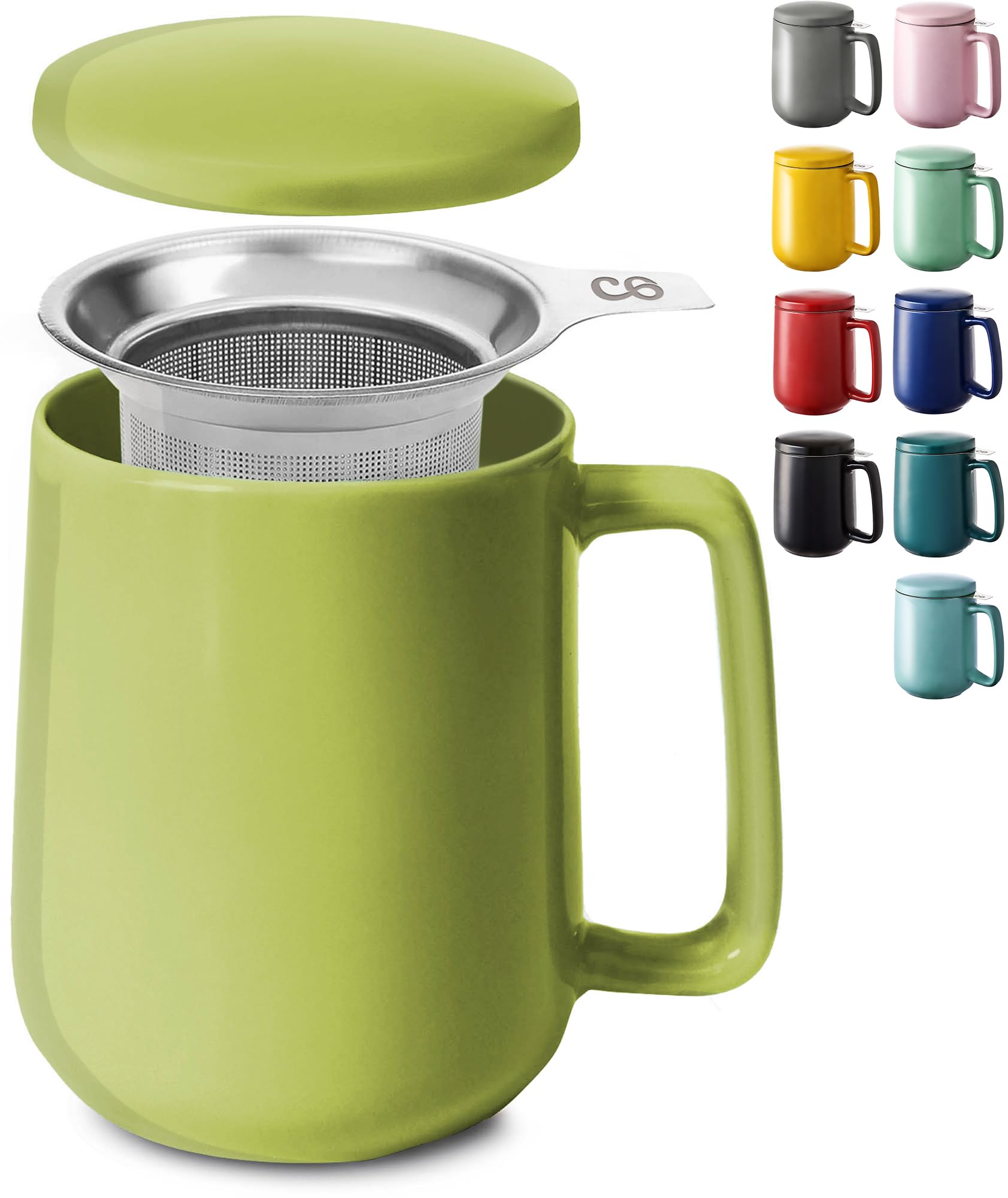 Teetasse mit Sieb und Deckel - Keramik - Hält Lange warm - 500ml XXL Groß - Spülmaschinenfest (Matcha Grün)