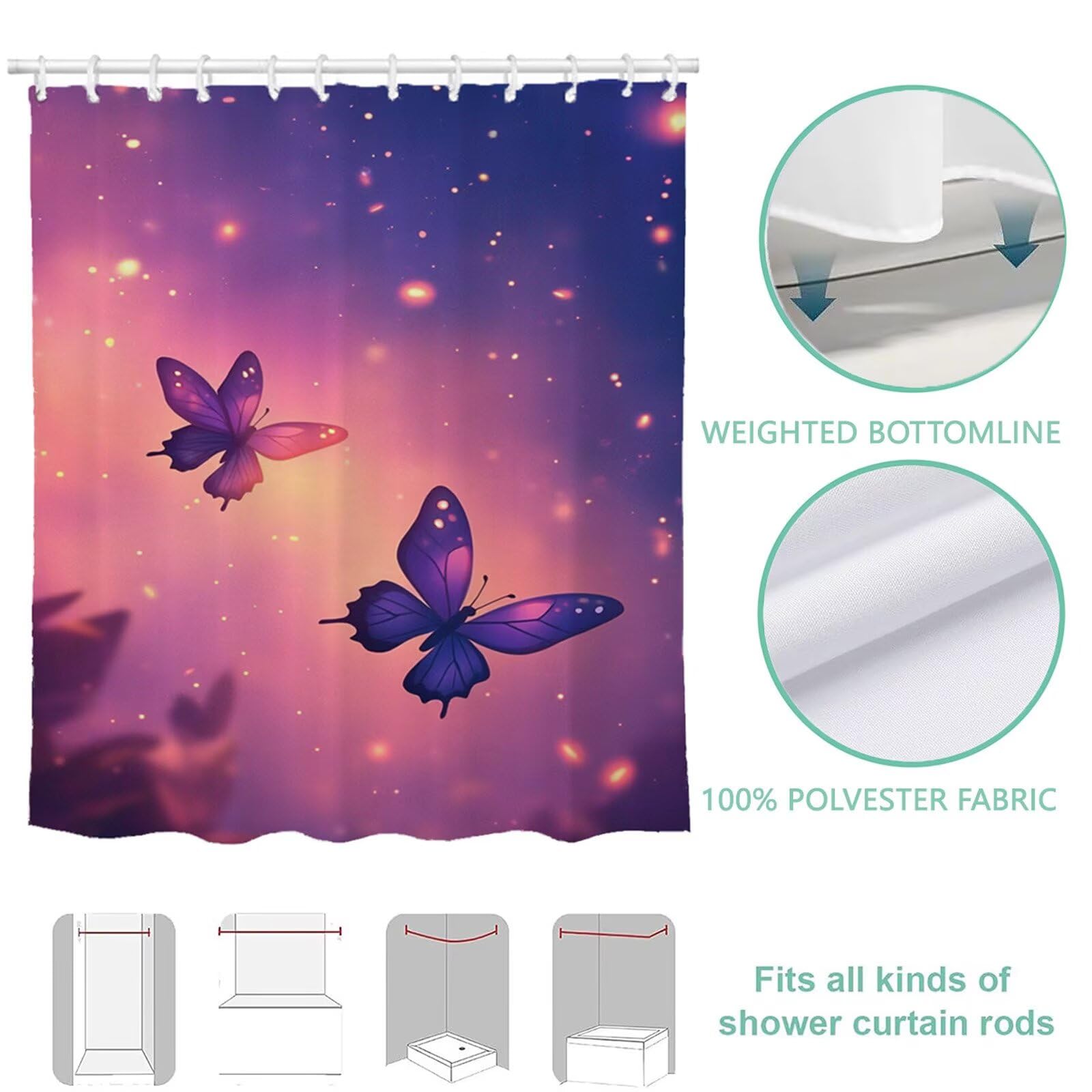 Duschvorhang 240x180 cm, Shower Curtains Schmetterling, Duschvorhänge Lila Wasserabweisend, Antischimmel, Waschbar Extra Breit Polyester Stoff Badevorhänge mit 12 Duschvorhangringe, Badezimmer 6H-230