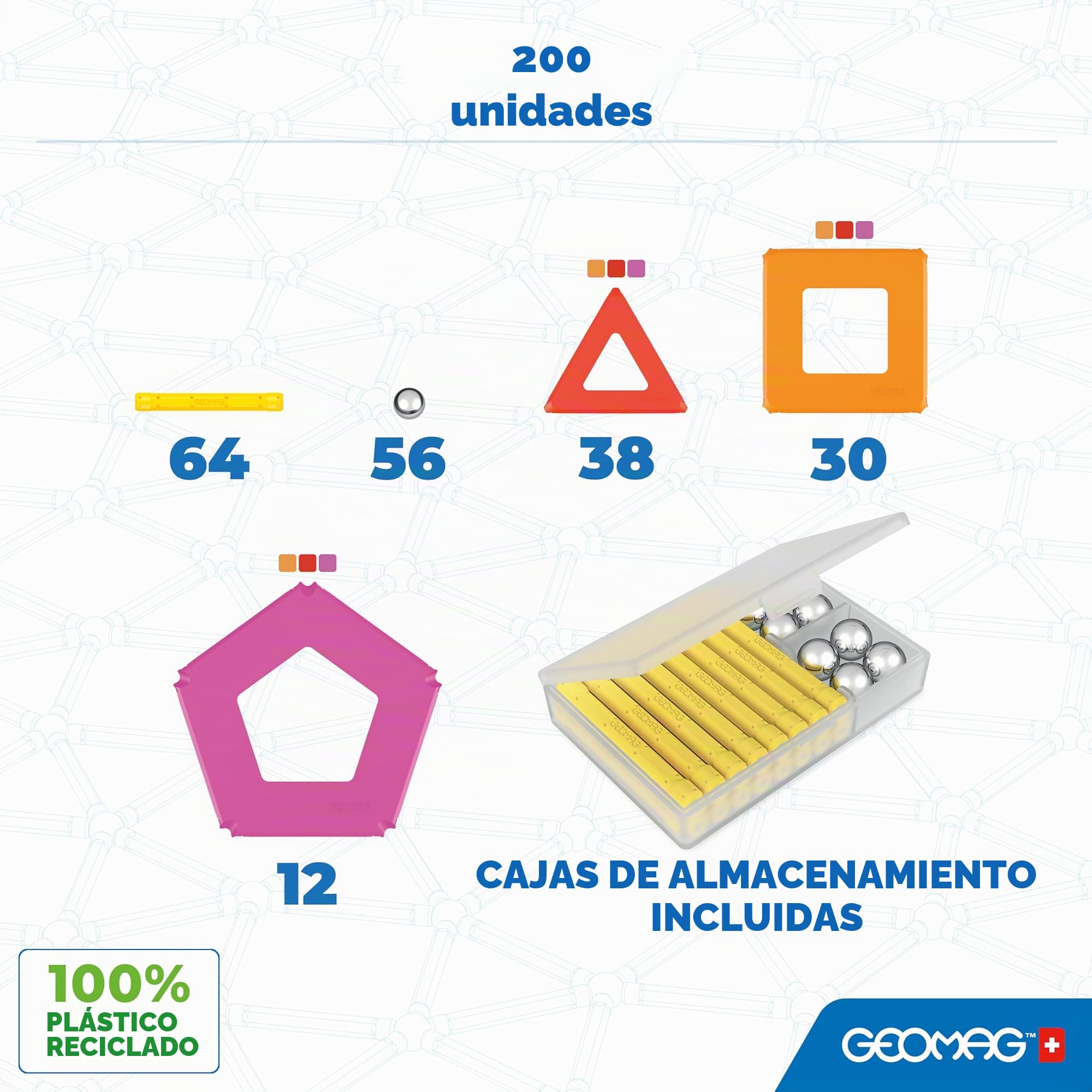 Geomag - Paneles Clásicos de 200 Piezas - Bloques de Construcción Magnéticos para Niños - Green Line - Juguetes Educativos de Plástico 100% Reciclado